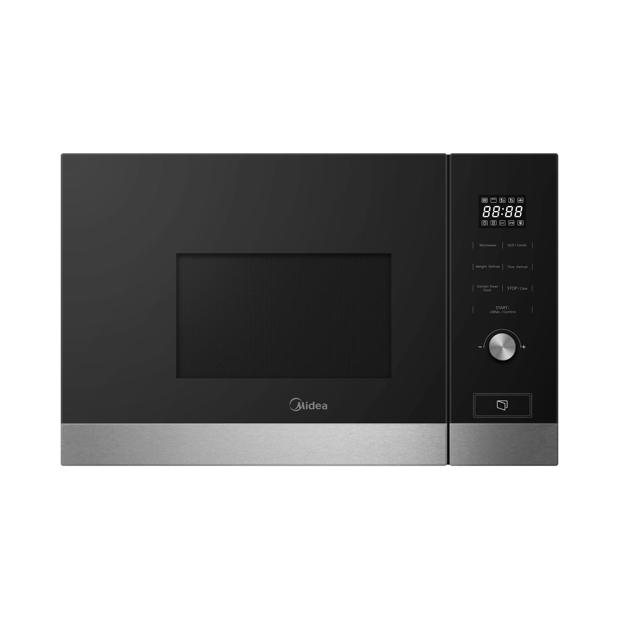 Microondas Midea MBMTG820H-X negro, vista frontal, con panel táctil y base plateada.