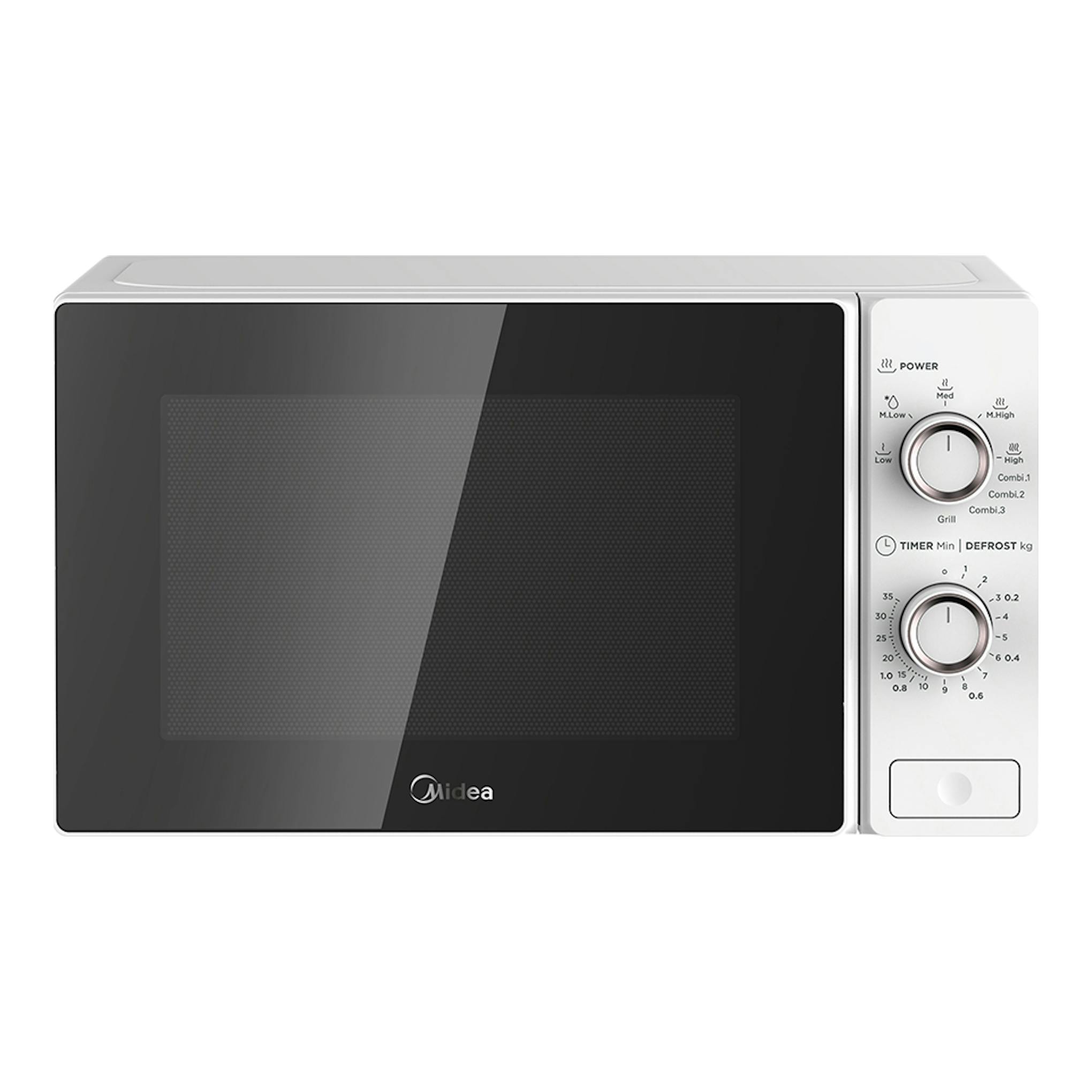 Microondas Midea MCM208GMSP negro y blanco, vista frontal, con dos mandos y puerta de vidrio oscura.