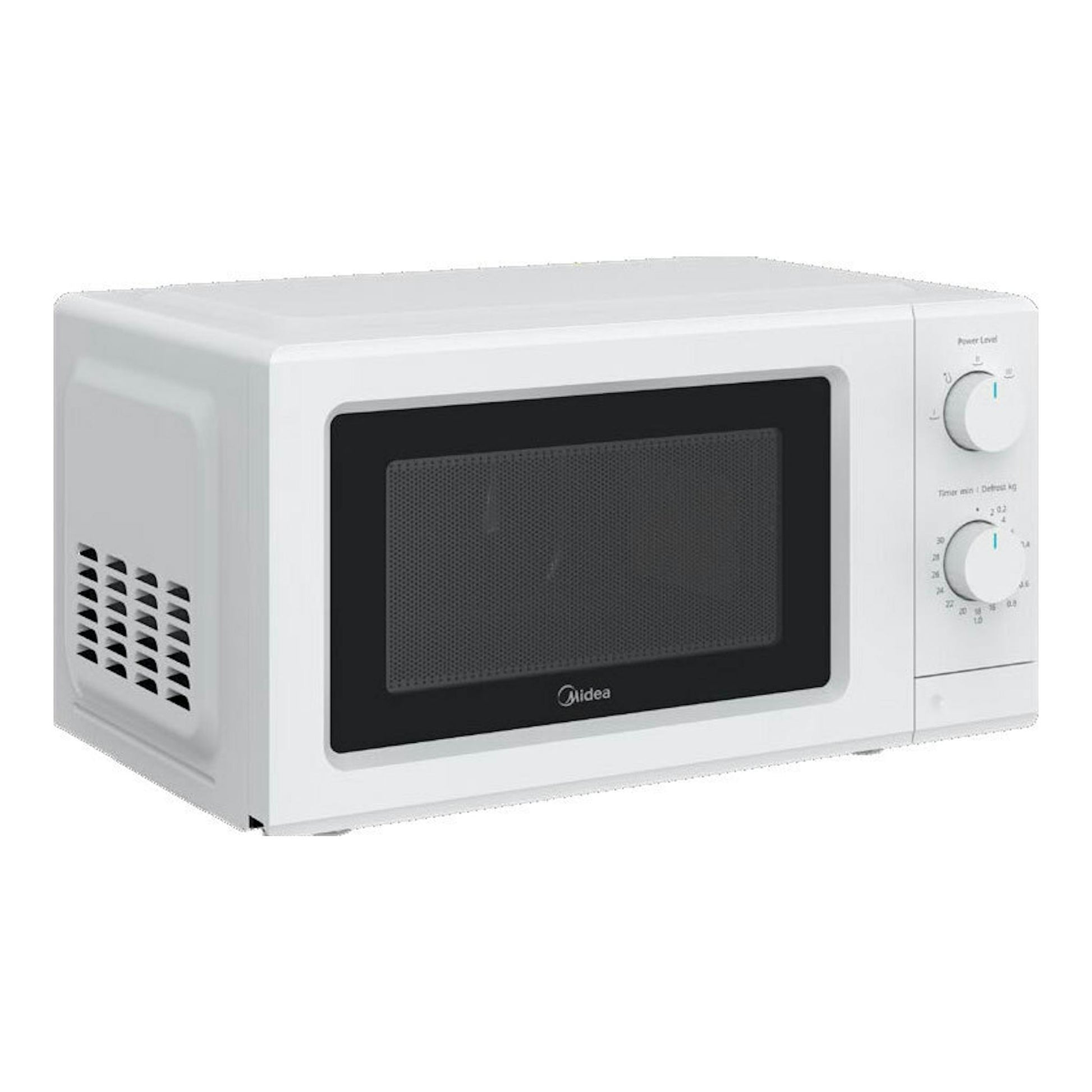 Microondas Midea MDMP012MKWH blanco, vista frontal en ángulo, con puerta negra y dos perillas laterales.