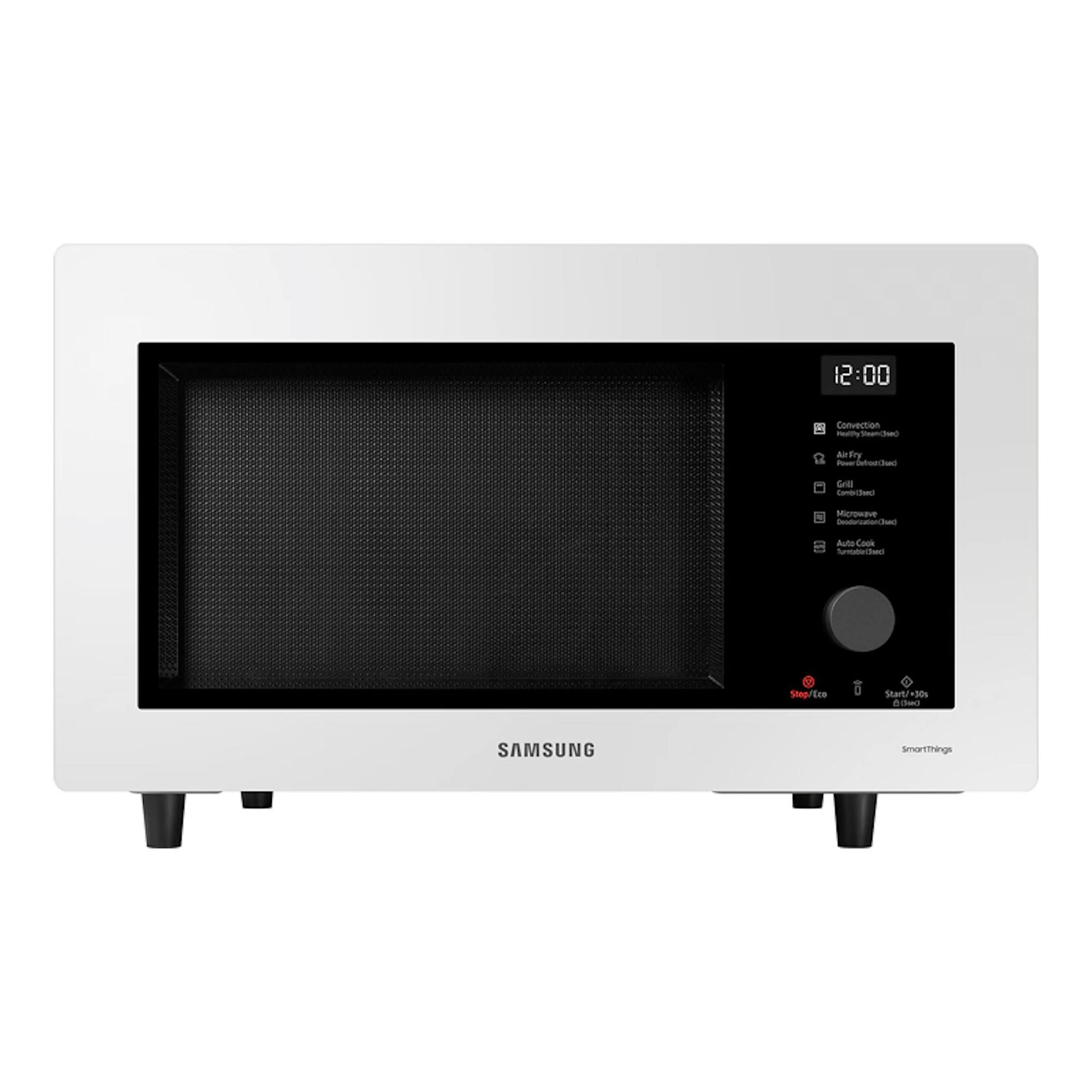 Microondas Samsung MC32DB7746KEE1 blanco, vista frontal, con puerta negra y panel de control a la derecha.