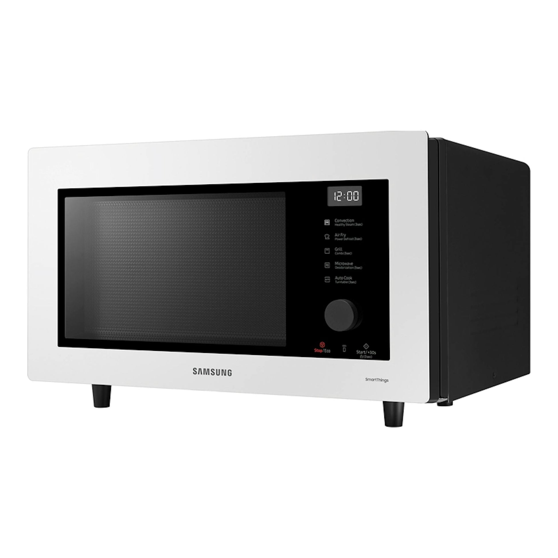 Microondas Samsung MC32DB7746KEE1 blanco y negro, vista frontal en ángulo, con puerta de vidrio y panel digital.