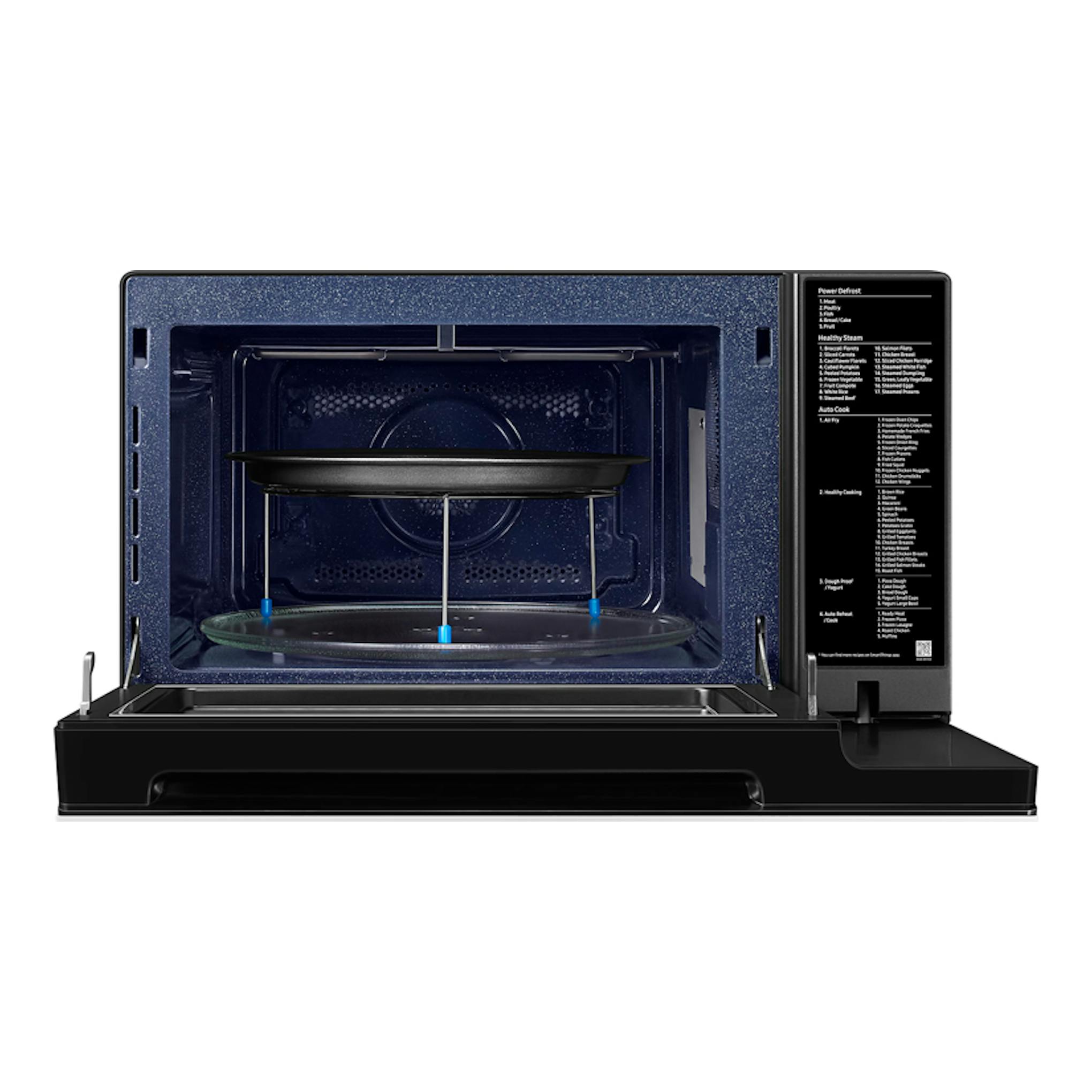 Microondas Samsung MC32DB7746KEE1 negro, vista frontal con la puerta abierta e interior azul.