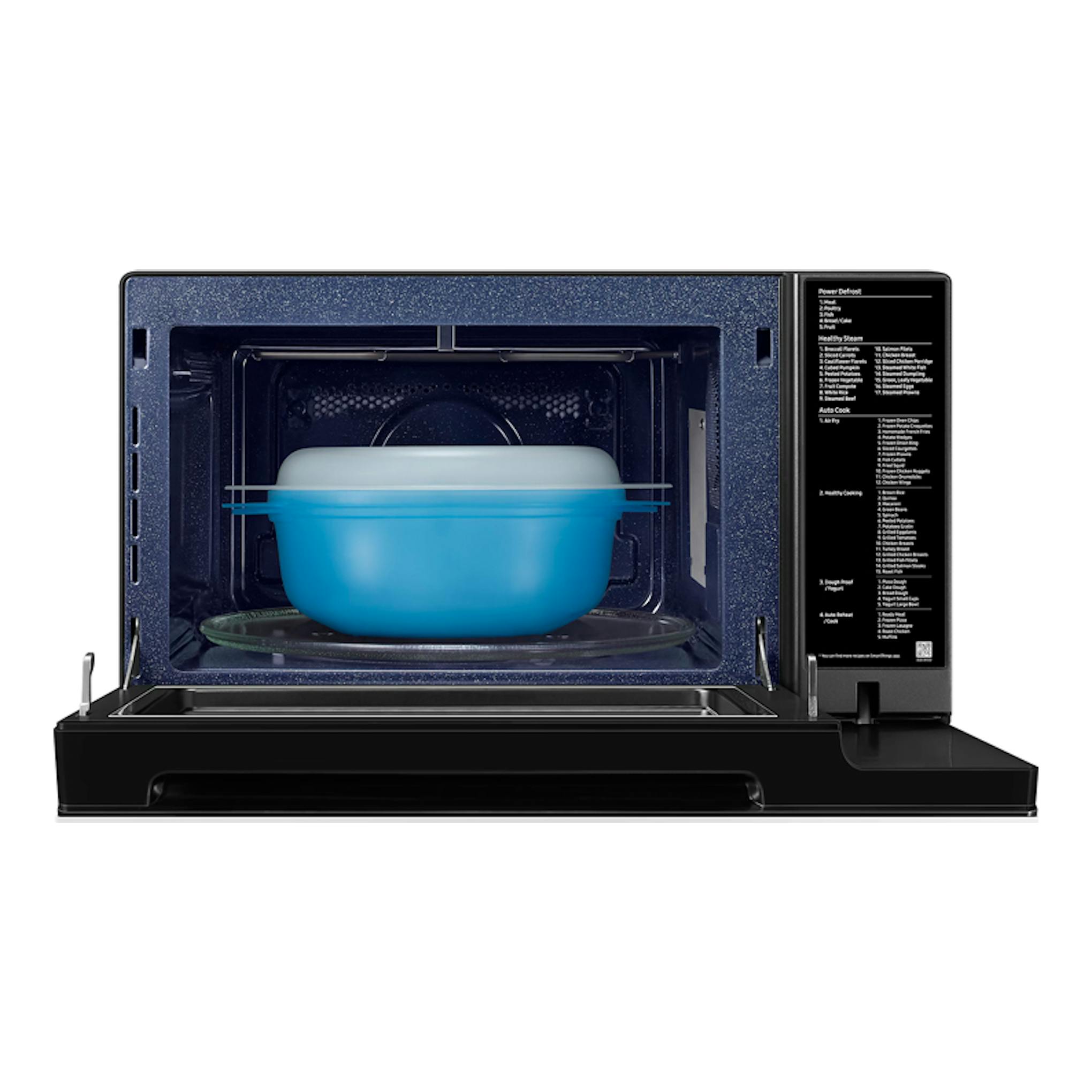 Microondas Samsung MC32DB7746KEE1 negro, vista frontal con la puerta abatida y un bol azul dentro.