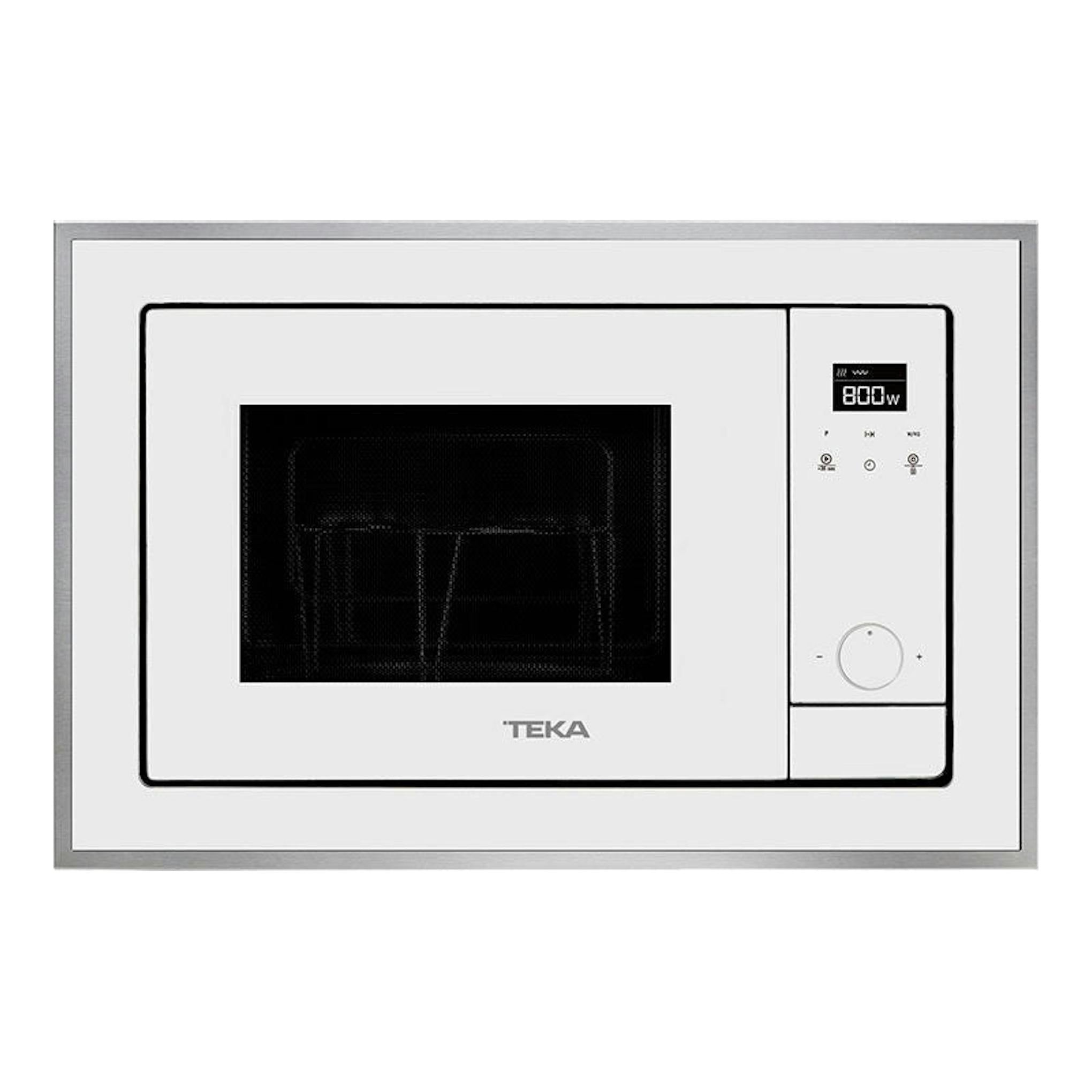 Microondas empotrable Teka ML820BIS blanco, vista frontal con puerta negra y panel digital.