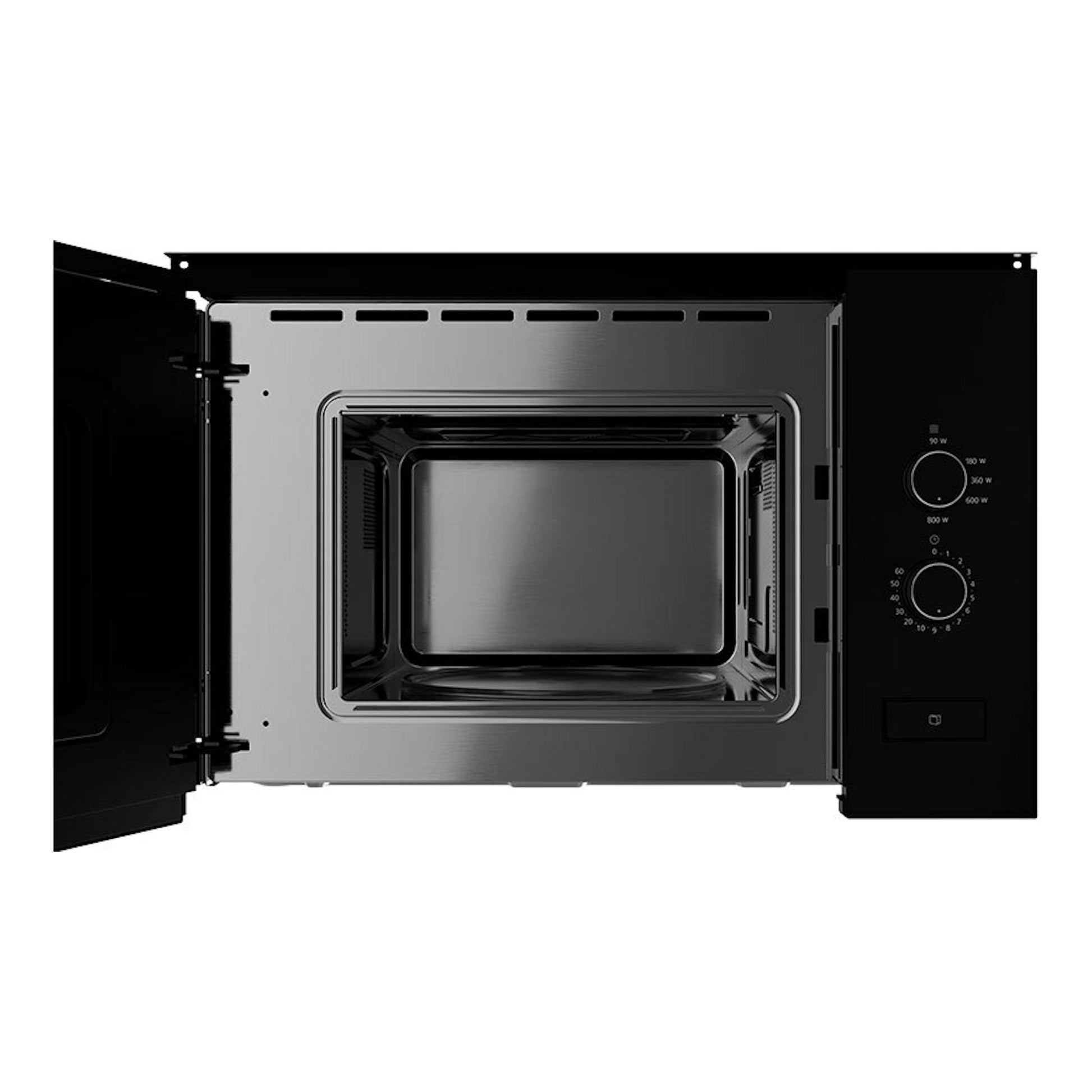 Microondas Teka ML820FI negro, puerta abierta, interior de acero inoxidable y mandos a la derecha.