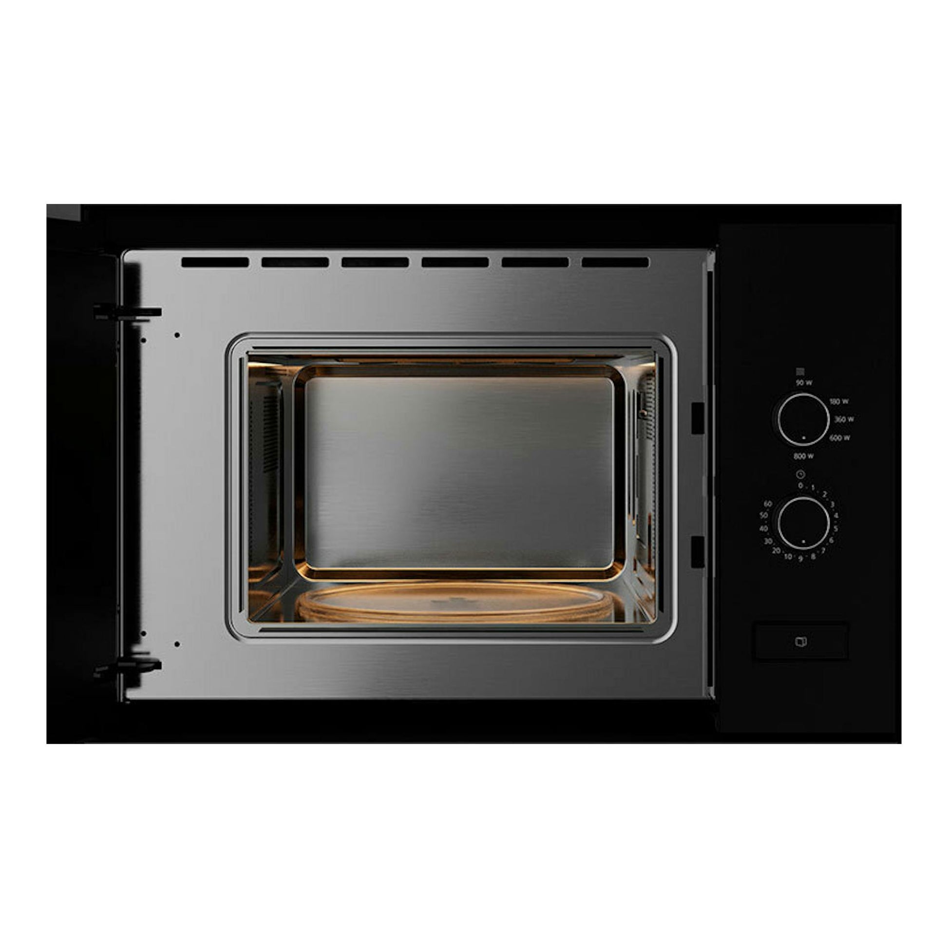 Microondas empotrable Teka ML820FI negro, con puerta abierta, interior de acero inoxidable y mandos a la derecha.