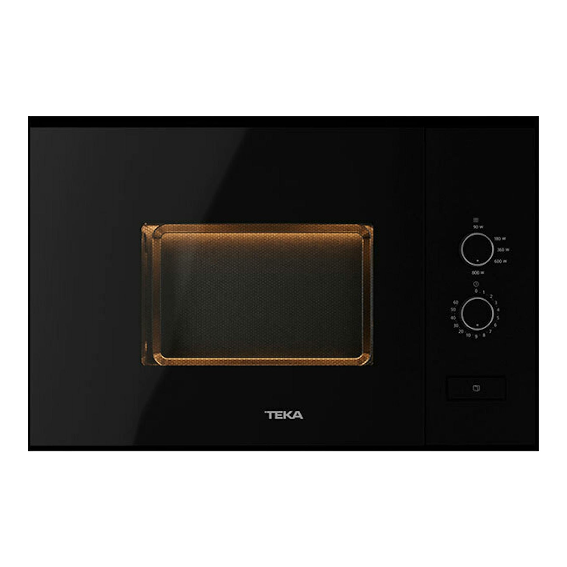 Microondas empotrado Teka ML820FI negro, vista frontal, con puerta de vidrio y mandos giratorios.