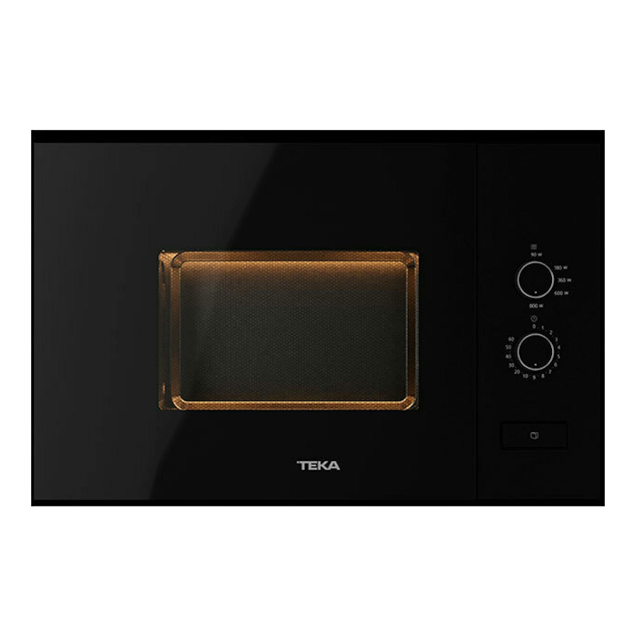 Microondas empotrado Teka ML820FI negro, vista frontal, con puerta de vidrio y mandos giratorios.
