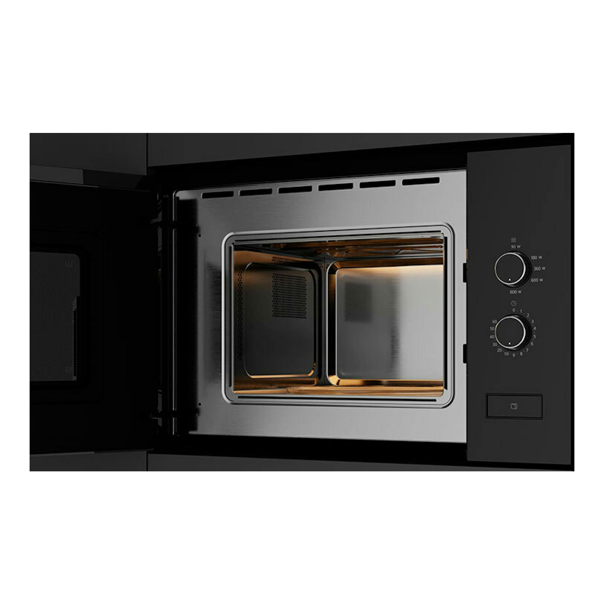 Microondas empotrado Teka ML820FI negro, vista frontal, con puerta abierta y dos ruletas.