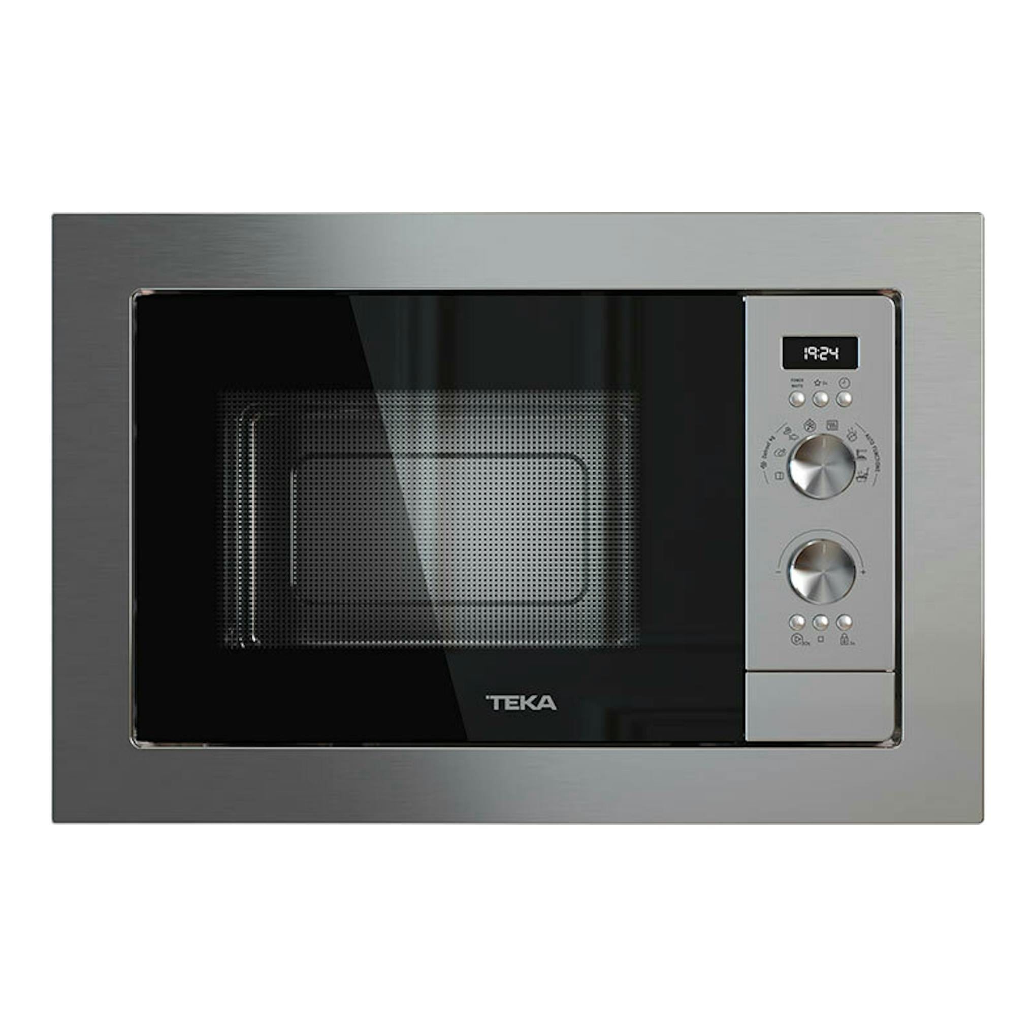Microondas empotrable Teka MS6200BIH inox, vista frontal, puerta negra y panel de control derecho.