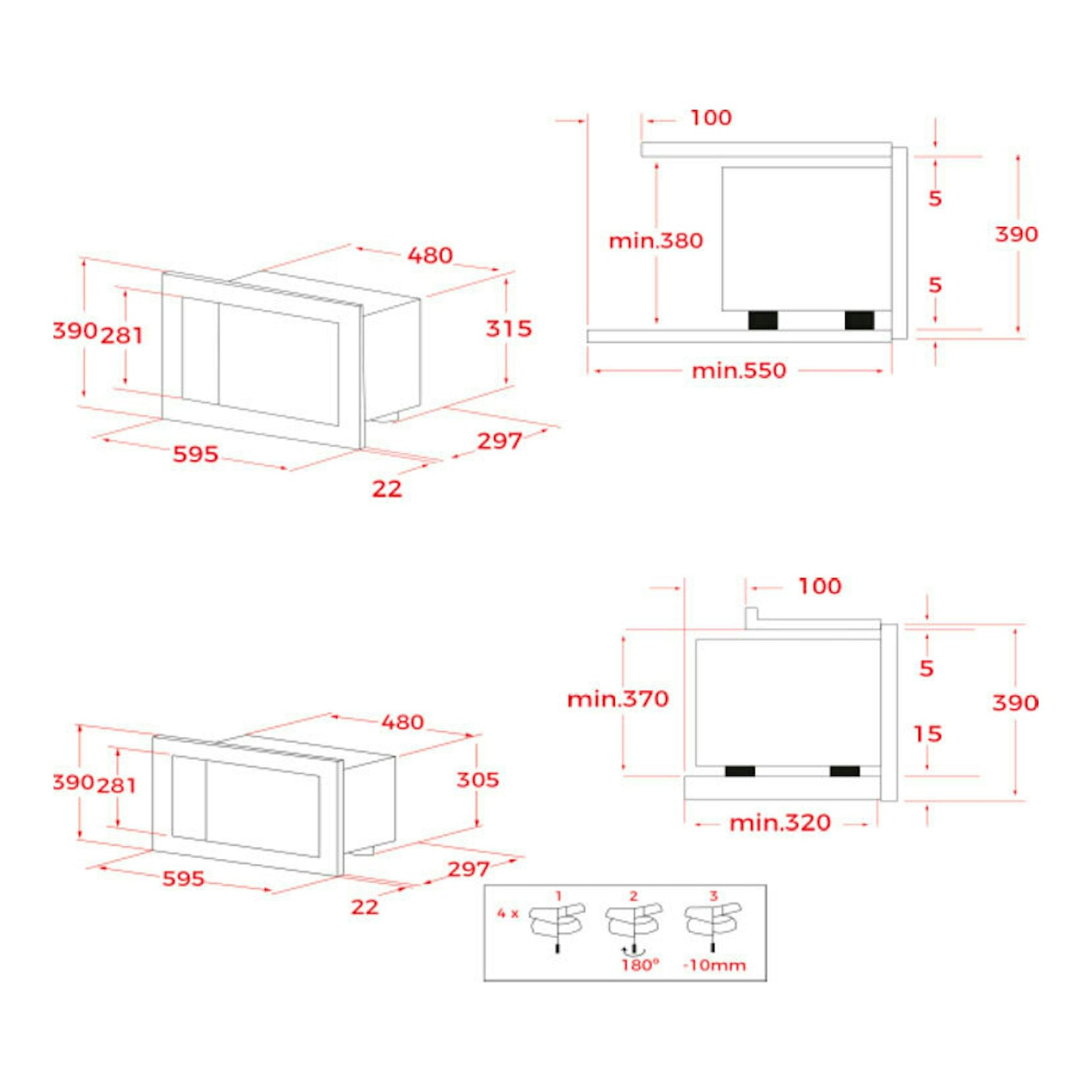 Teka MS6200BIH Inox: plano técnico de microondas empotrable con vistas frontal y lateral y cotas en rojo.