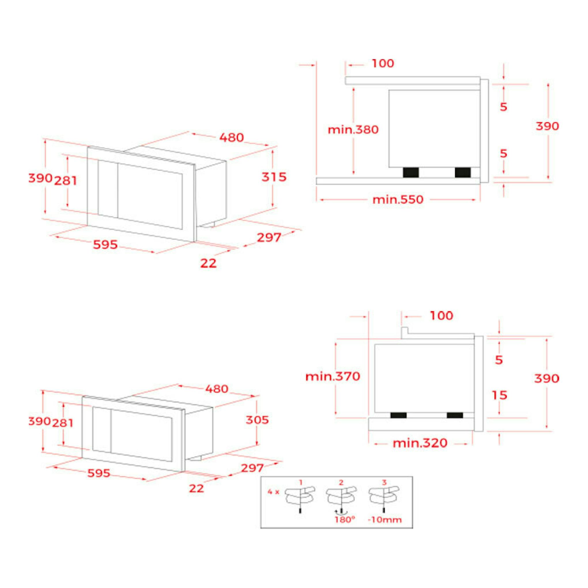 Teka MS6200BIH Inox: plano técnico de microondas empotrable con vistas frontal y lateral y cotas en rojo.