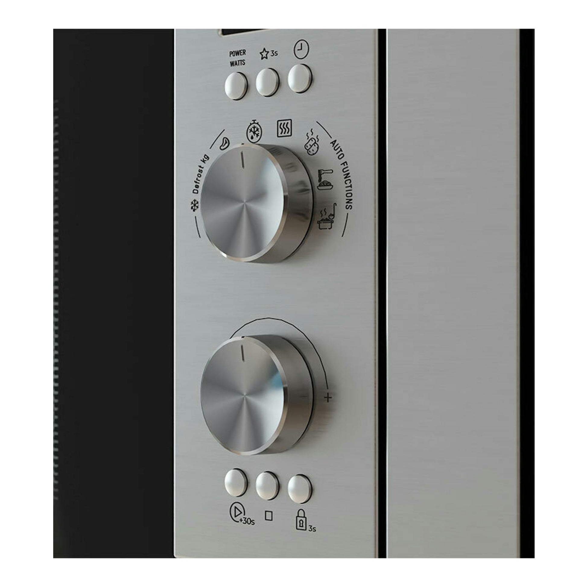 Microondas Teka MS6200BIH inox, vista frontal parcial del panel con dos mandos y botones.