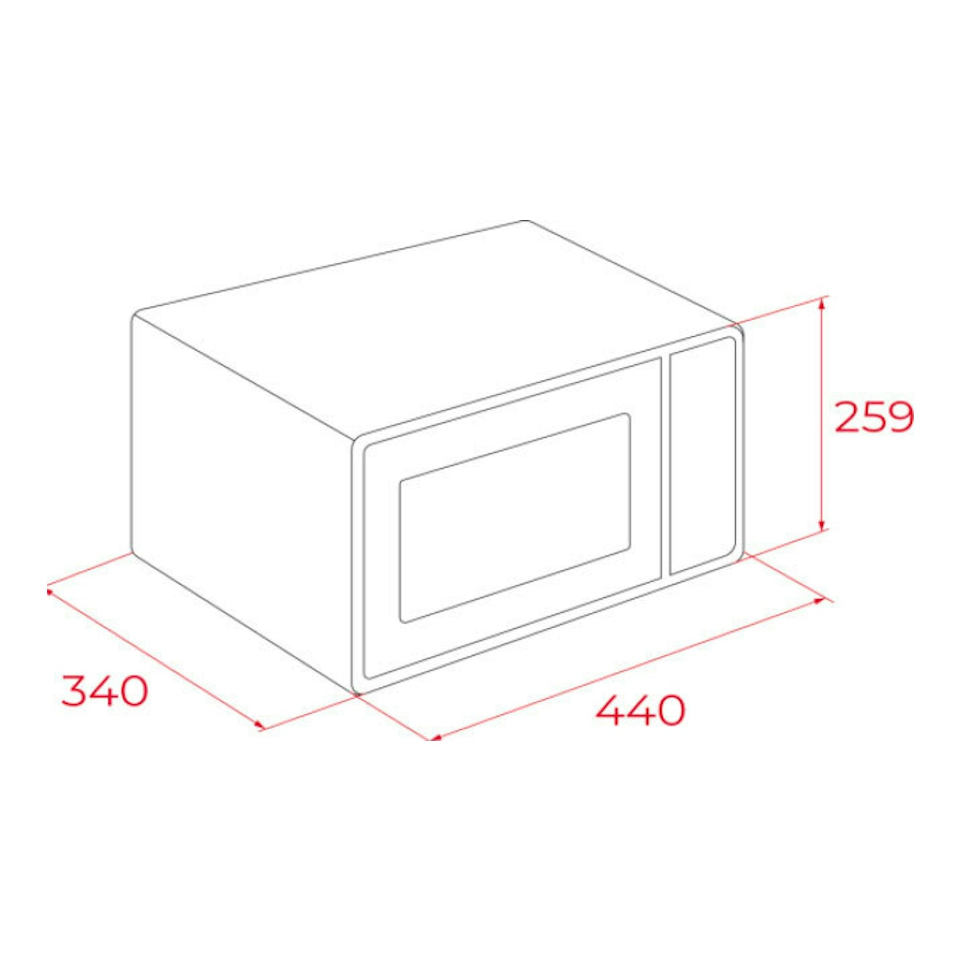 Microondas Teka MWEFS20G inox, vista en perspectiva con medidas 440 x 340 x 259 mm.