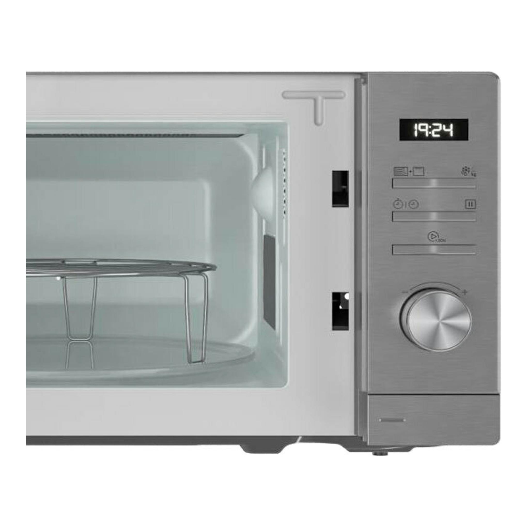 Microondas Teka MWEFS20G inox, vista frontal con puerta abierta, panel digital y reloj.
