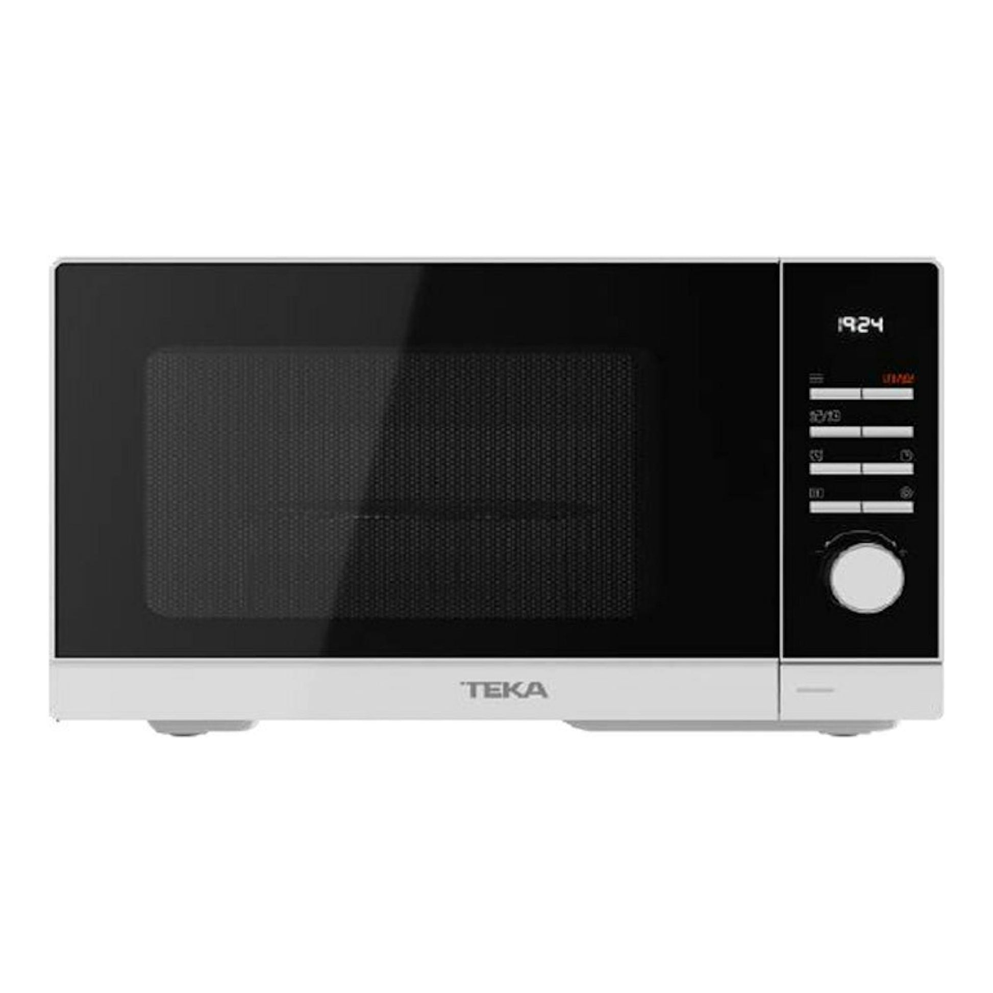 Microondas Teka MWEFS25G blanco, vista frontal, panel negro, display digital y base blanca.