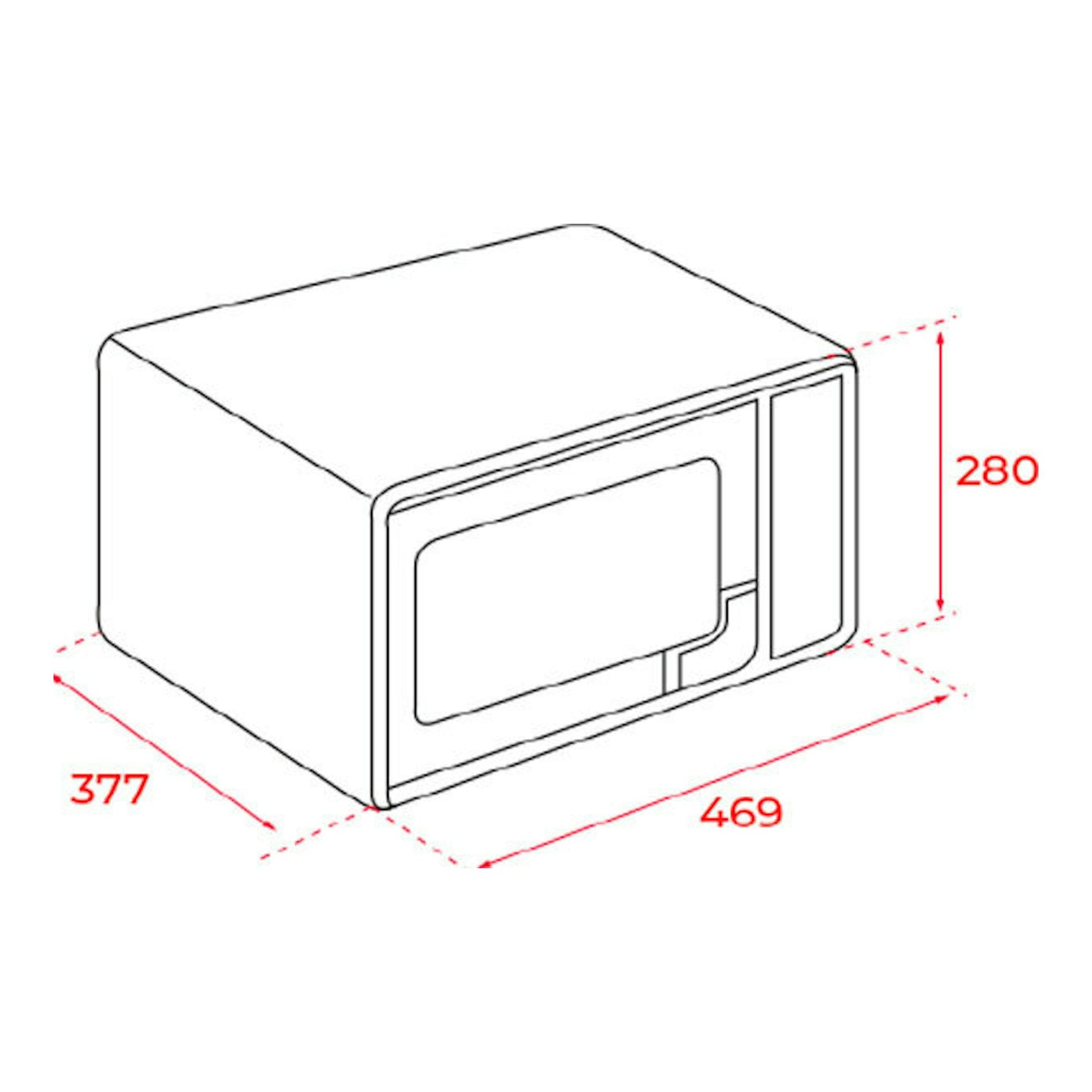 Microondas Teka MWEFS25G blanco, vista isométrica con medidas 469 x 377 x 280 mm.