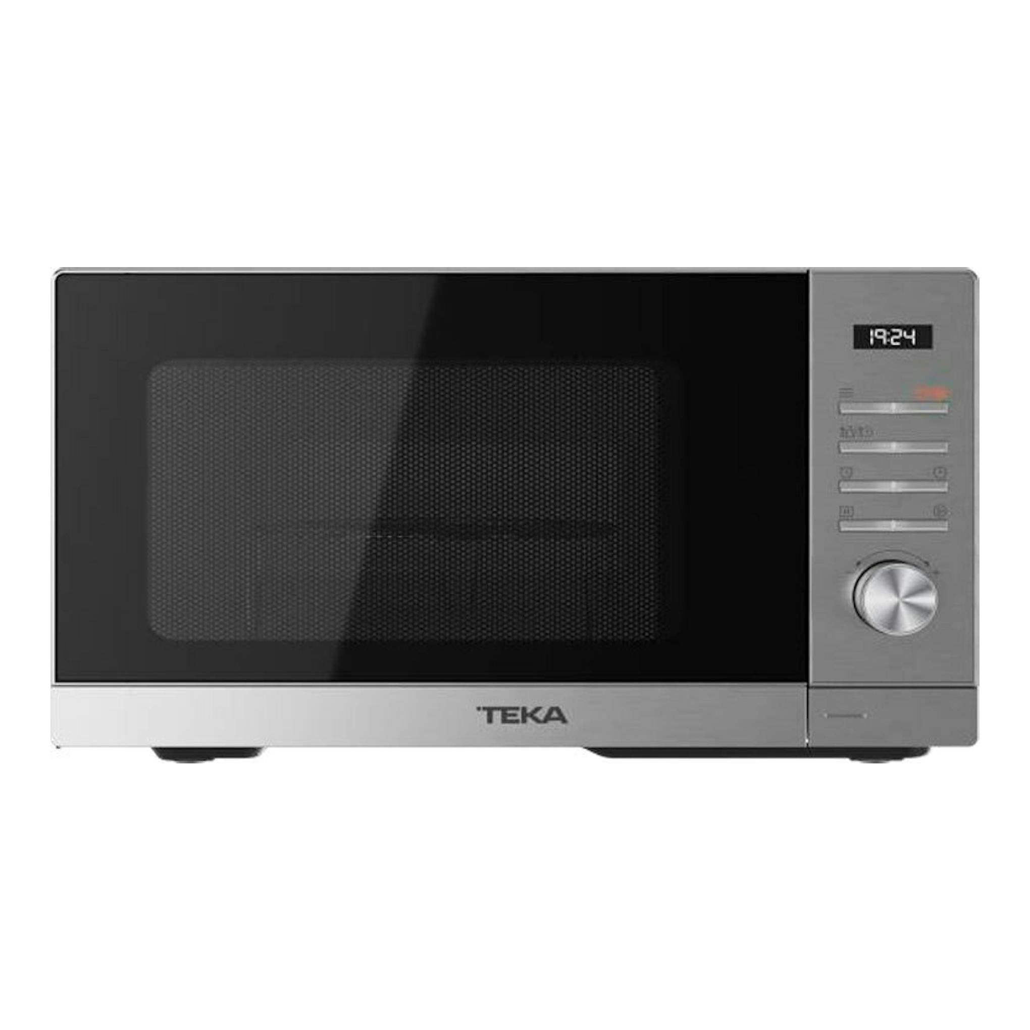 Microondas Teka MWEFS25G inox, vista frontal, puerta negra y panel lateral plateado con display y mando.
