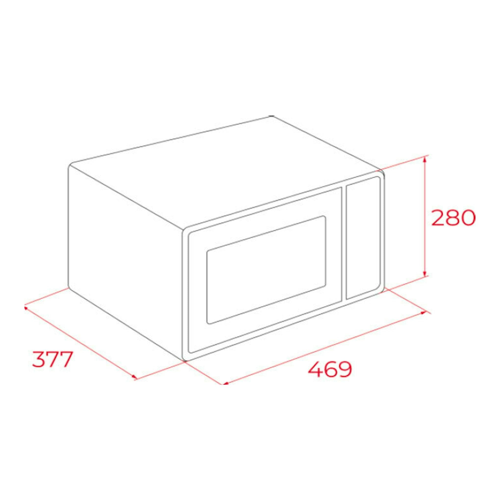 Microondas Teka MWEFS25G, vista isométrica en blanco, con medidas 469 x 377 x 280 mm.