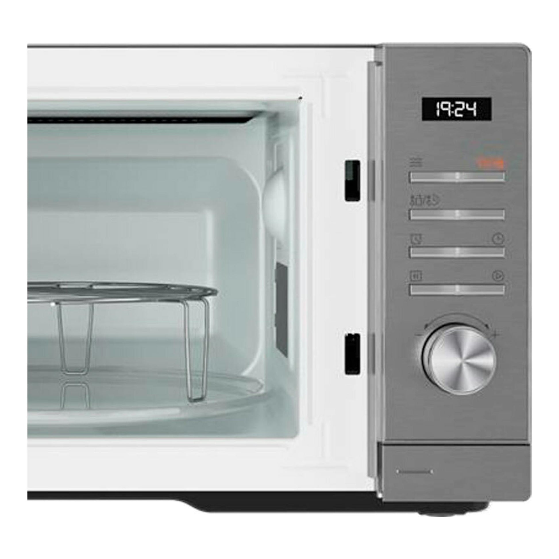 Microondas Teka MWEFS25G inox, vista frontal abierta, panel gris con reloj digital y mando giratorio.