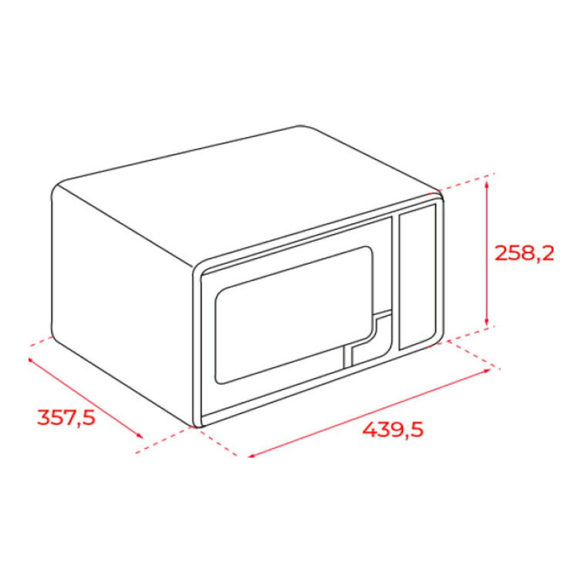 Microondas Teka MWFS20 blanco, dibujo técnico en perspectiva con medidas 439,5 x 357,5 x 258,2 mm.