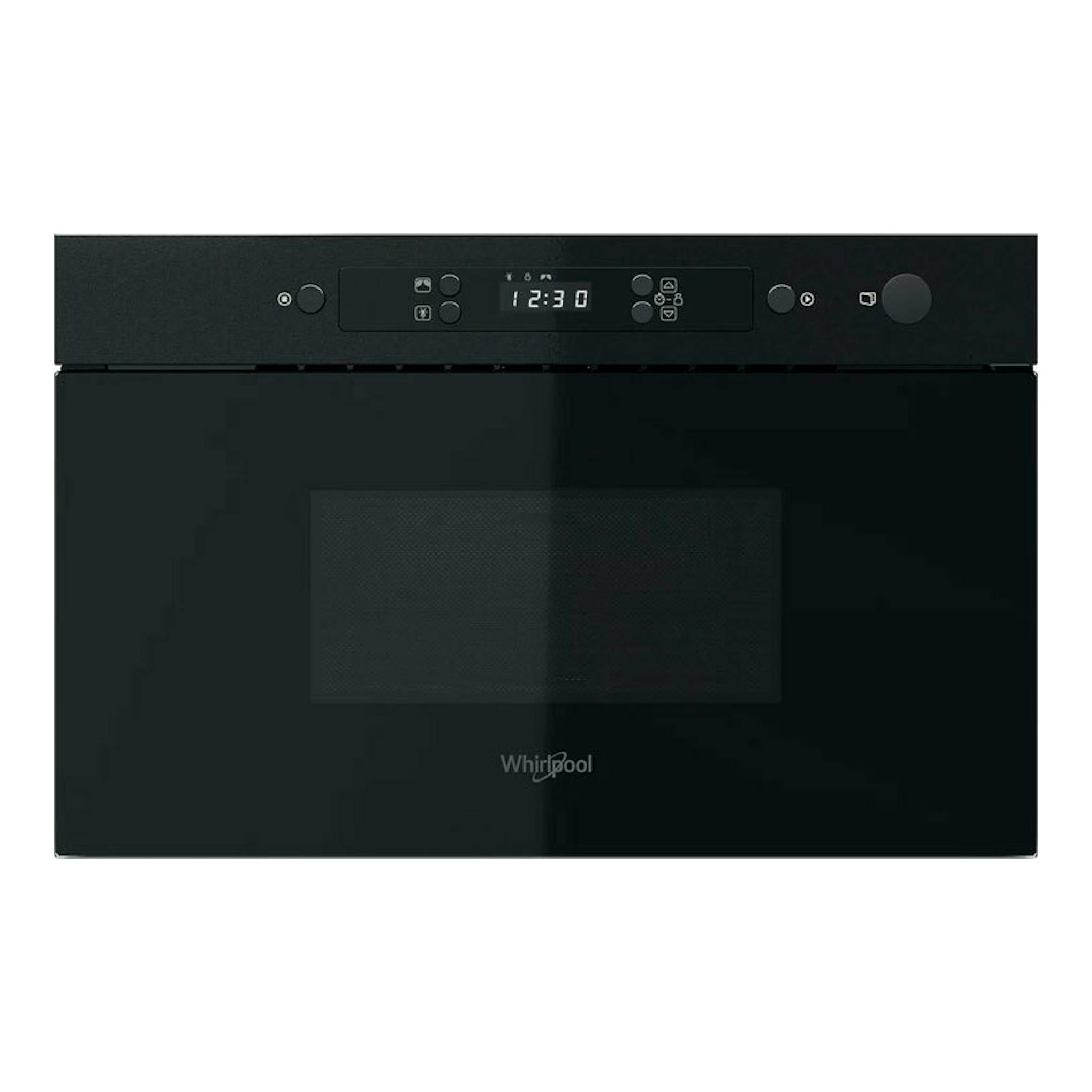 Microondas Whirlpool MBNA900B negro, vista frontal, con panel digital y puerta de vidrio.