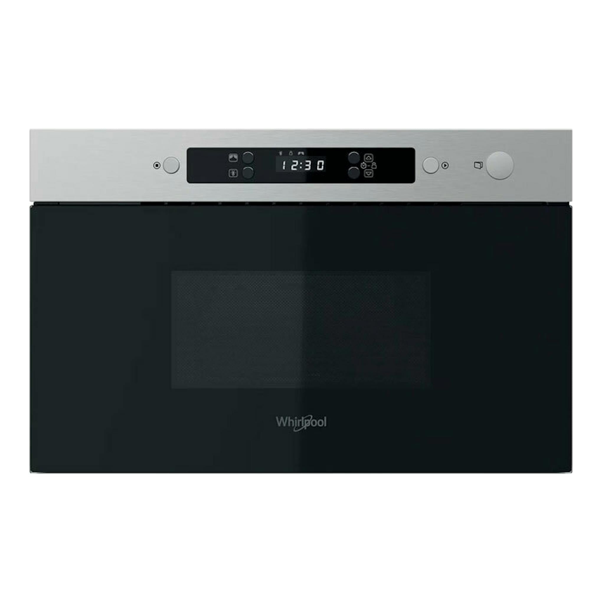 Microondas Whirlpool MBNA900X inox, vista frontal, puerta negra de cristal y panel superior plateado con display digital.