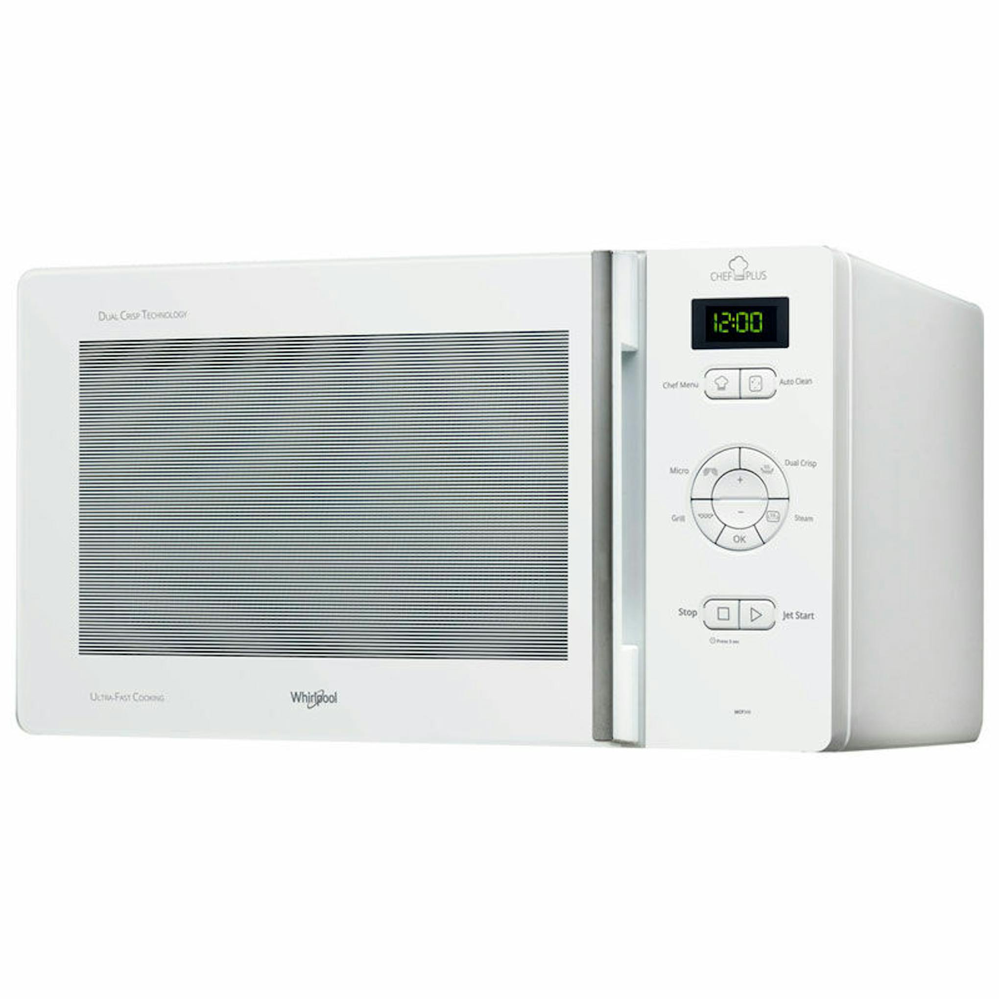 Microondas Whirlpool MCP346WH blanco, vista frontal y lateral