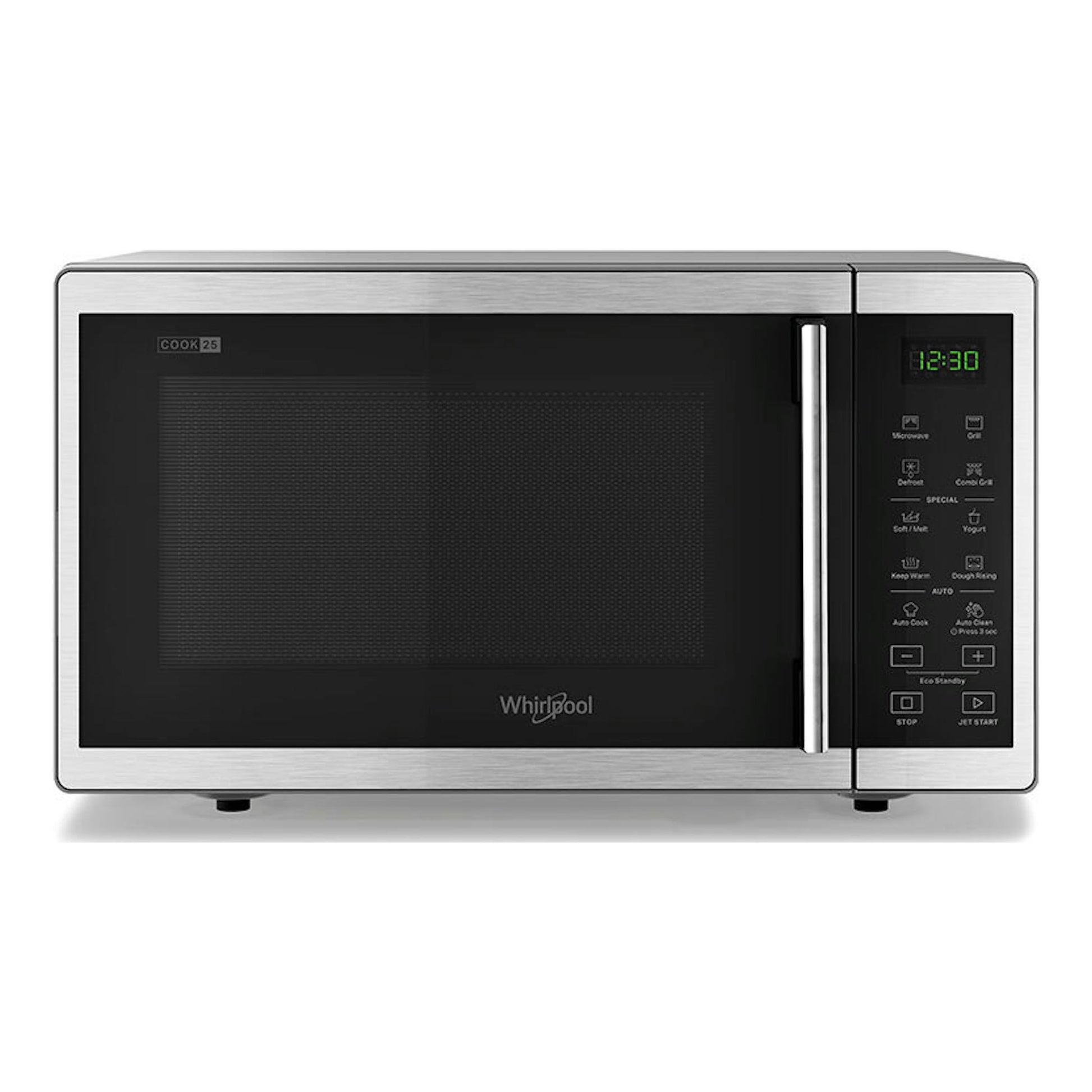 Microondas Whirlpool MWP 253 SX inox, vista frontal, acabado plateado con puerta y panel negro.