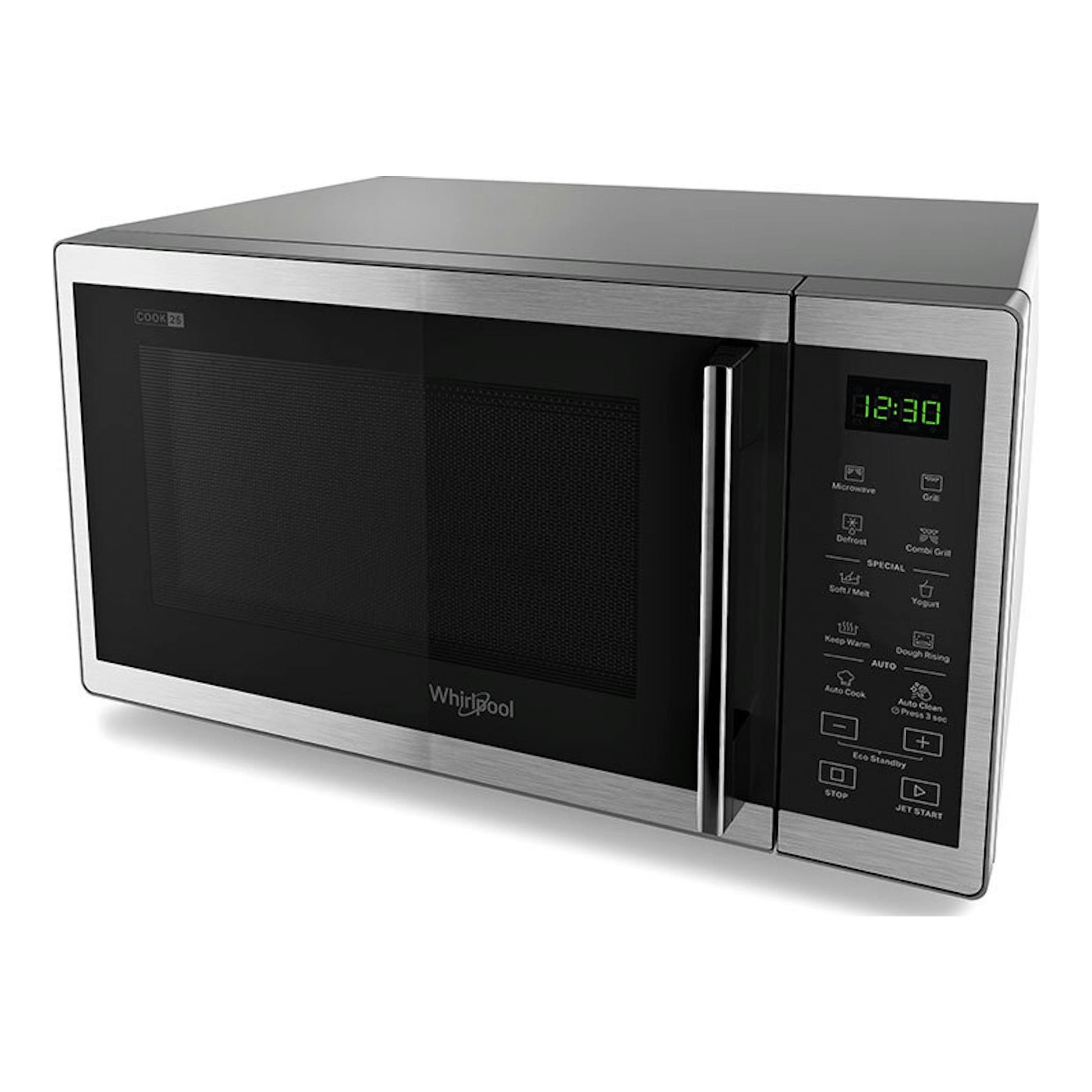 Microondas Whirlpool MWP 253 SX inox, vista frontal en ángulo, acabado plateado con puerta negra.