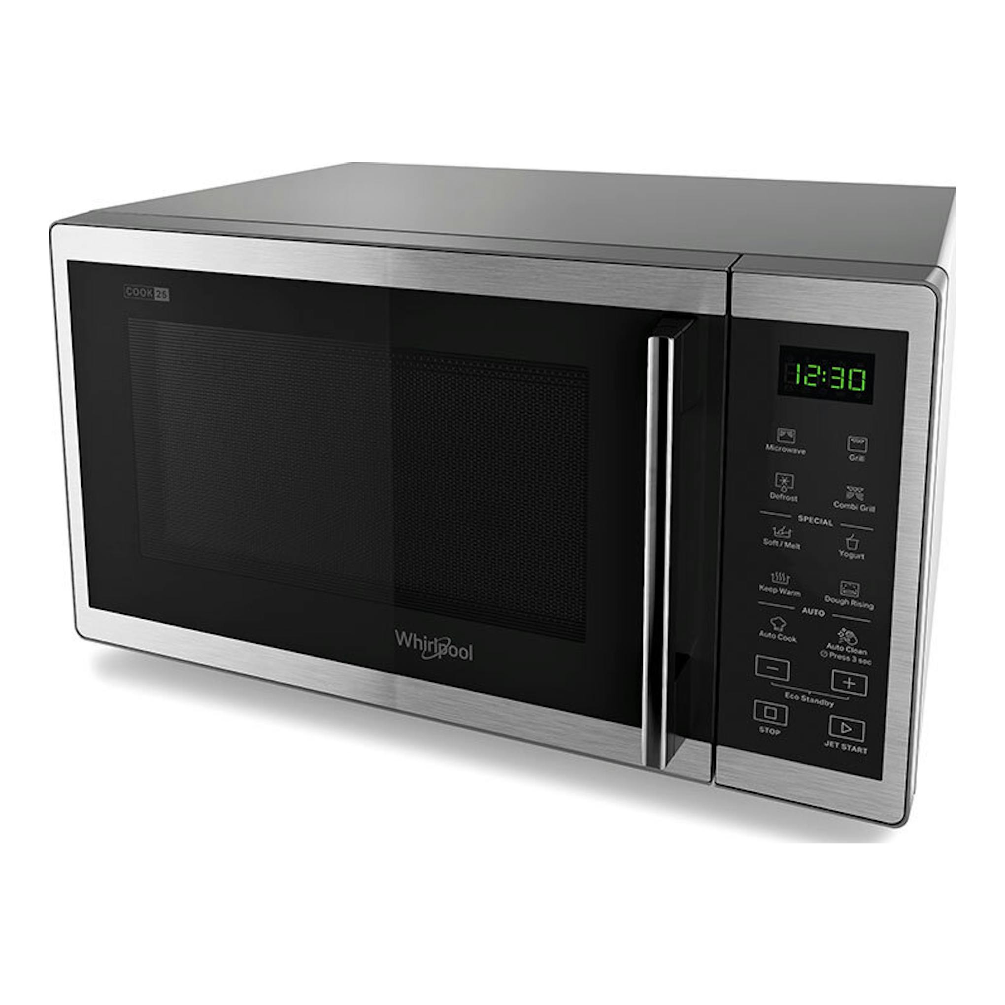 Microondas Whirlpool MWP 253 SX inox, vista frontal en ángulo, acabado plateado con puerta negra.