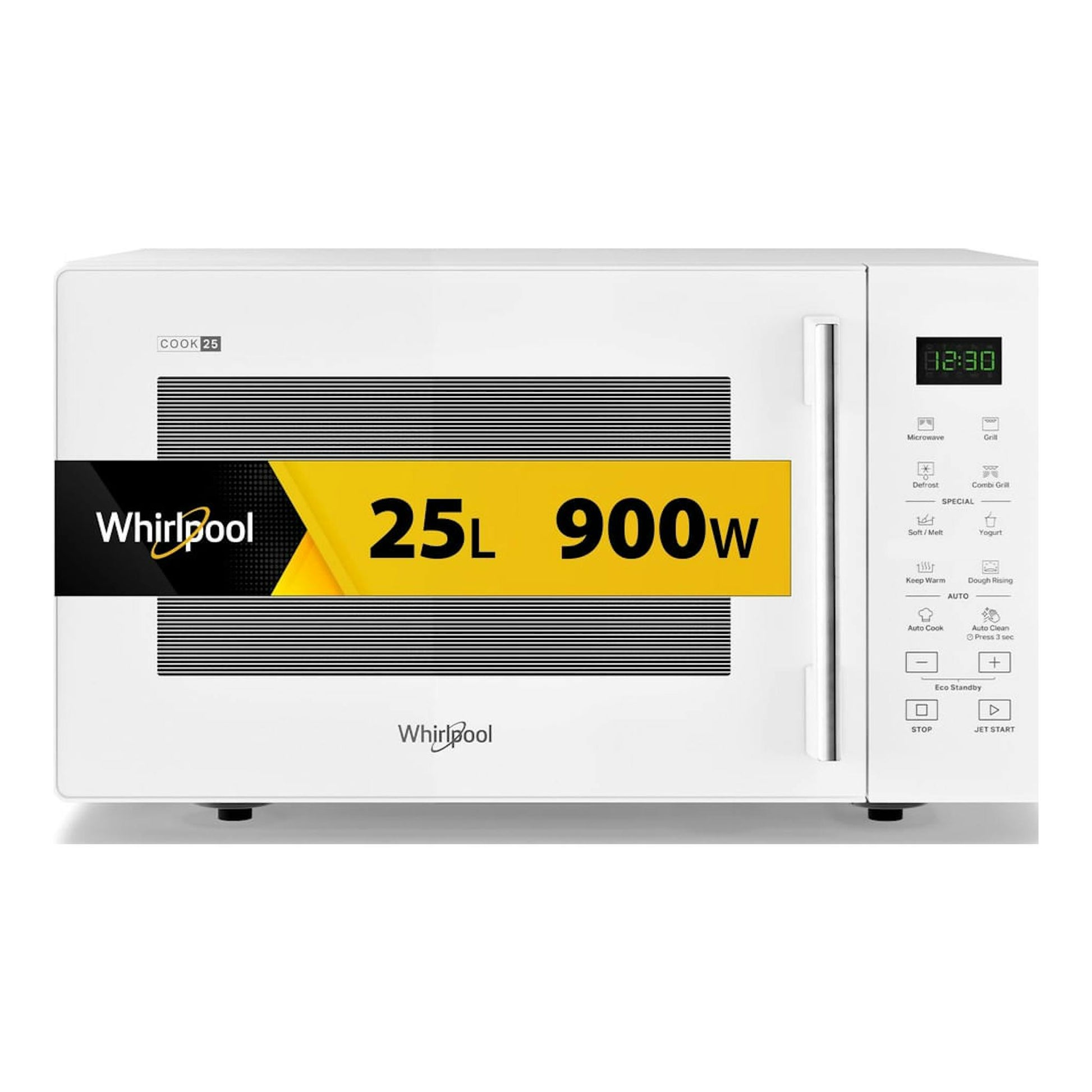 Microondas Whirlpool MWP 253 W blanco, vista frontal, con panel digital negro a la derecha.