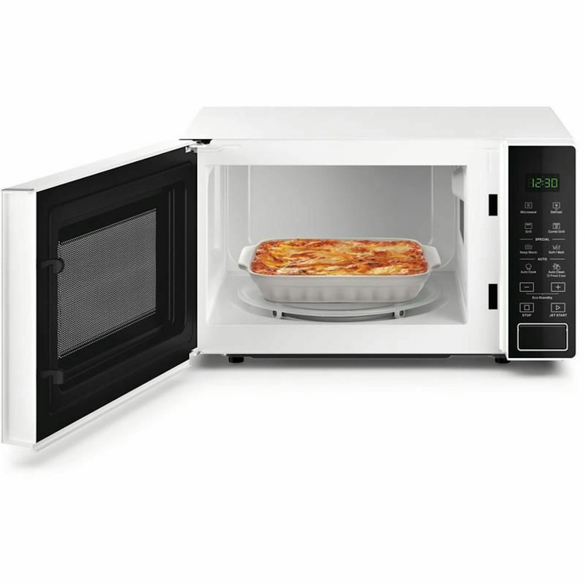 Microondas Whirlpool MWP203W blanco con puerta abierta y plato en el interior