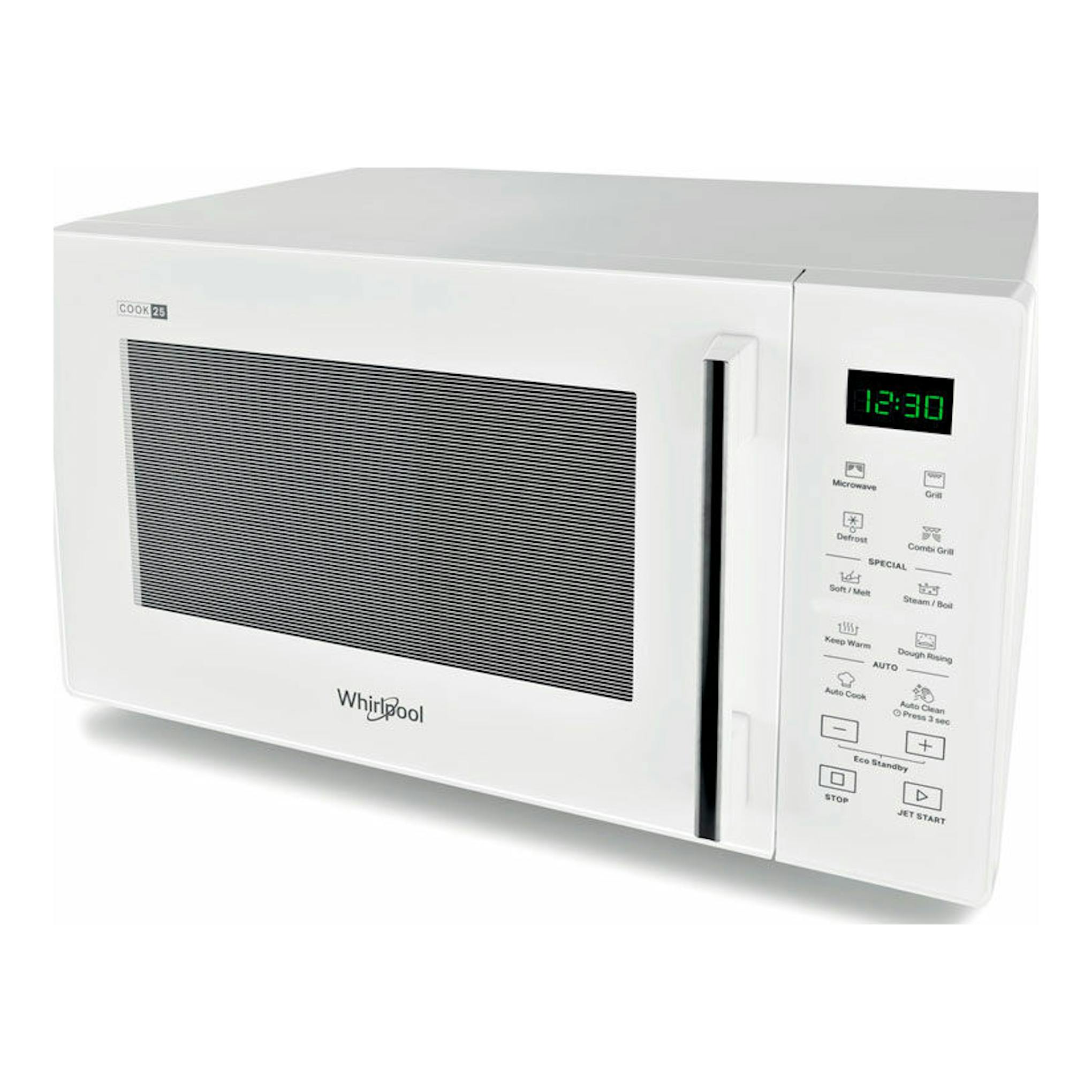 Microondas Whirlpool MWP254W blanco, vista frontal en ángulo, con panel digital y puerta blanca.