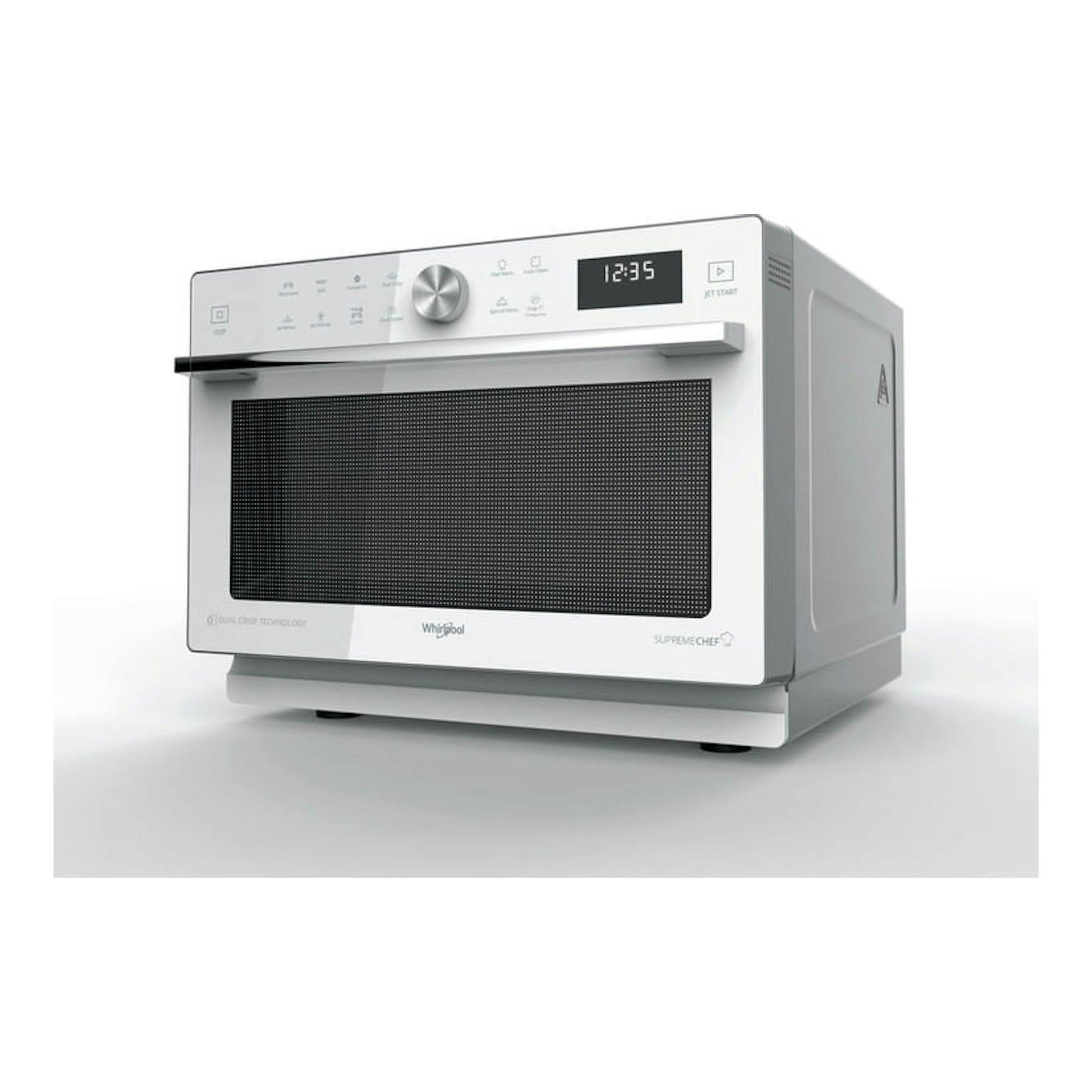 Microondas Whirlpool MWSC 933 SW blanco, vista frontal izquierda, con panel digital y puerta negra.