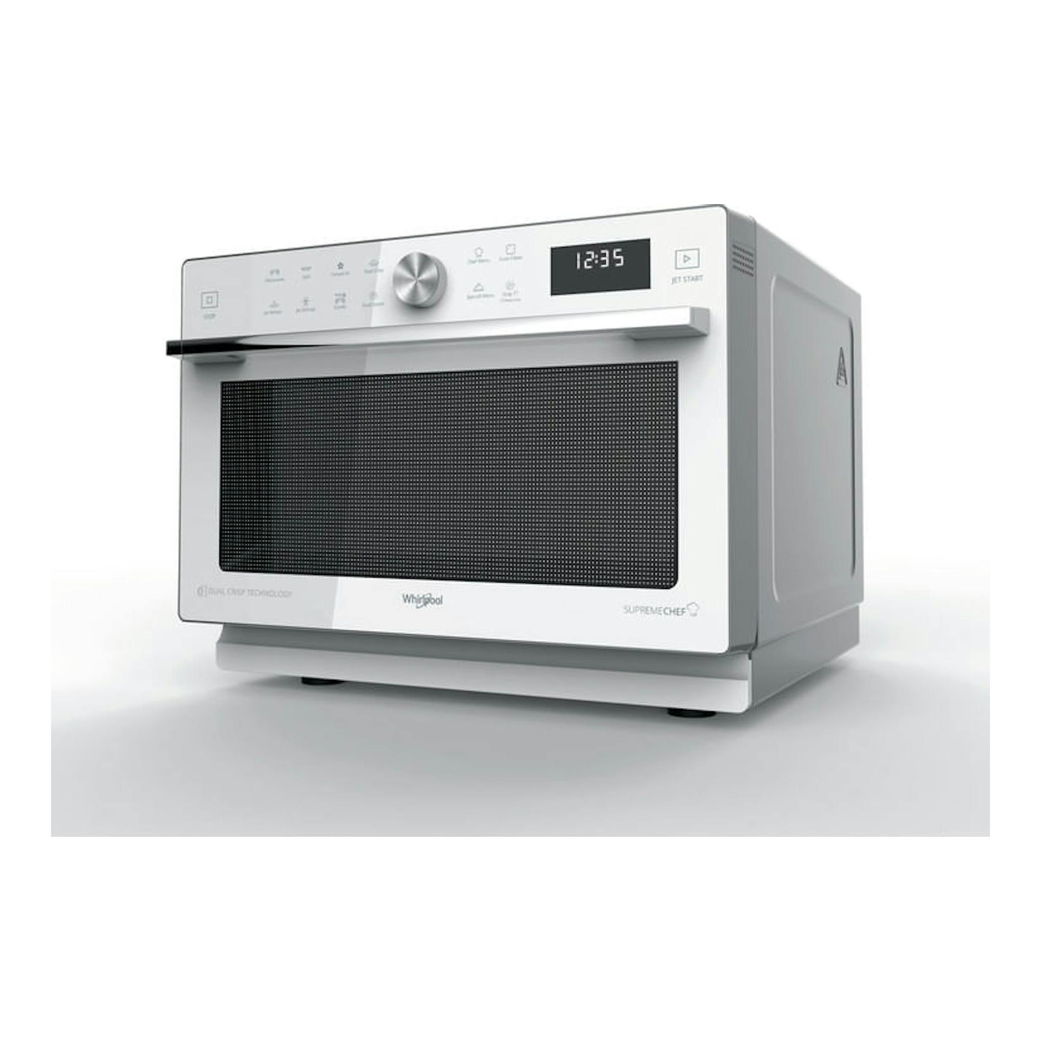 Microondas Whirlpool MWSC 933 SW blanco, vista frontal izquierda, con panel digital y puerta negra.