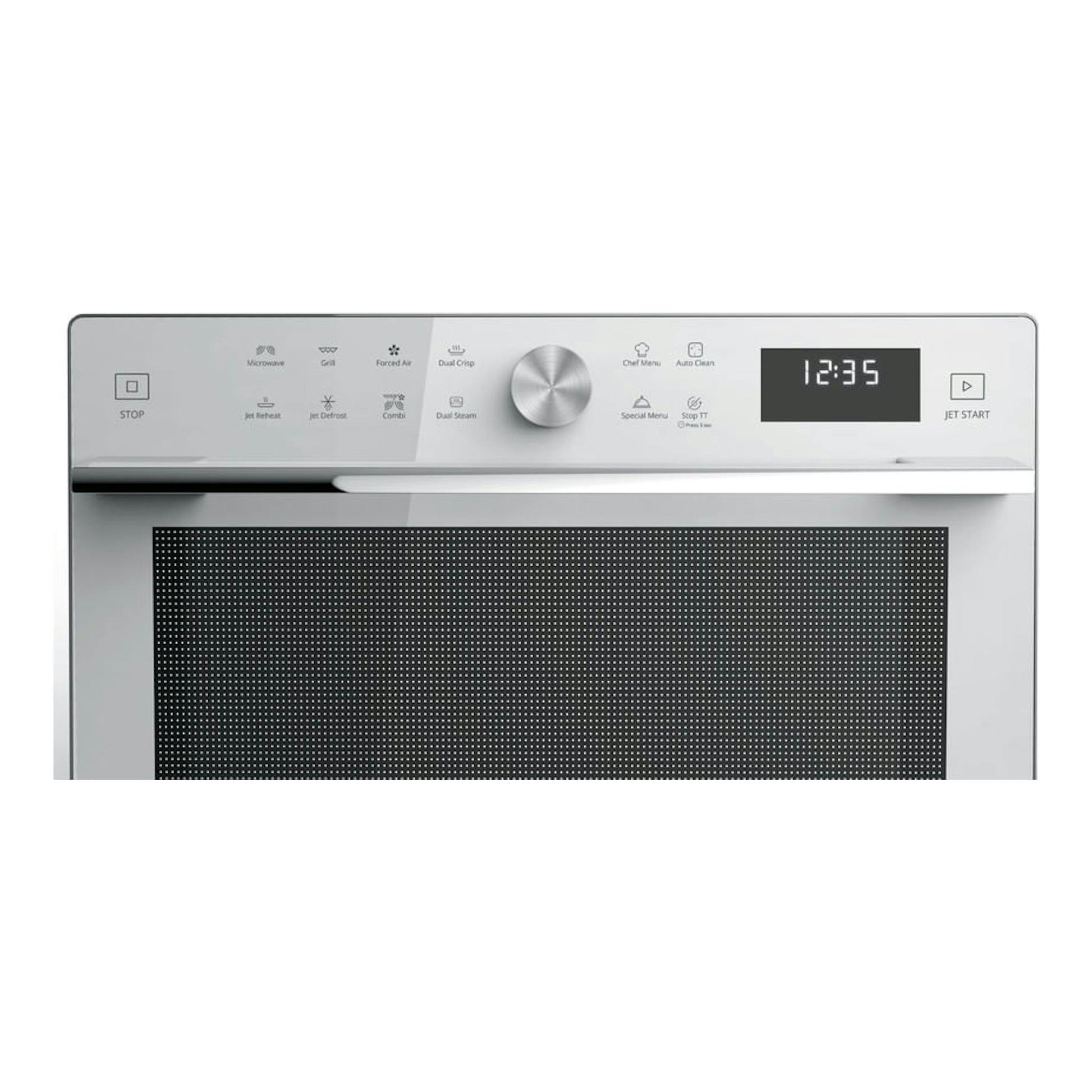Microondas Whirlpool MWSC 933 SW blanco, vista frontal parcial con panel digital y mando giratorio.