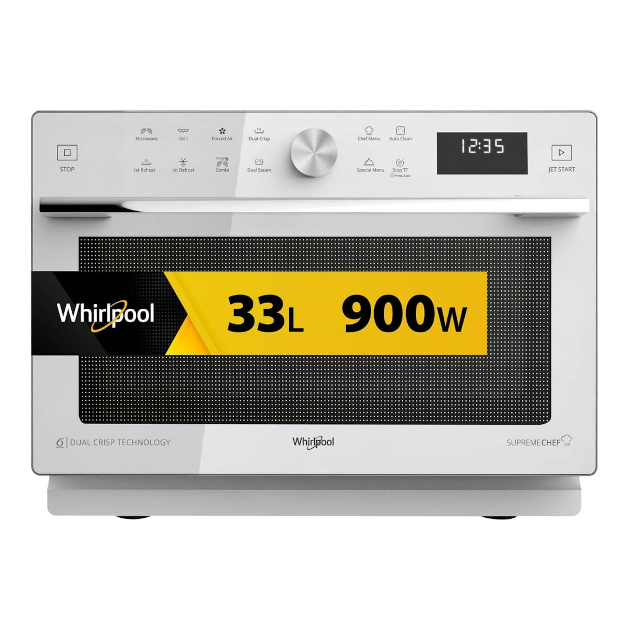 Microondas Whirlpool MWSC 933 SW blanco, vista frontal, con panel digital, mando giratorio y puerta negra.