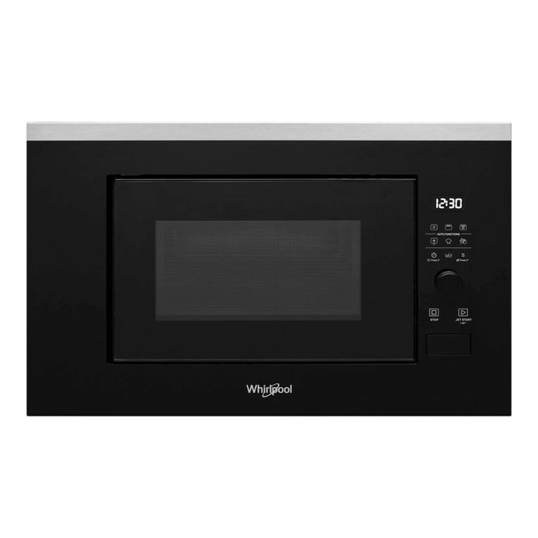 Microondas Whirlpool negro, vista frontal, con pantalla digital y panel de control a la derecha.