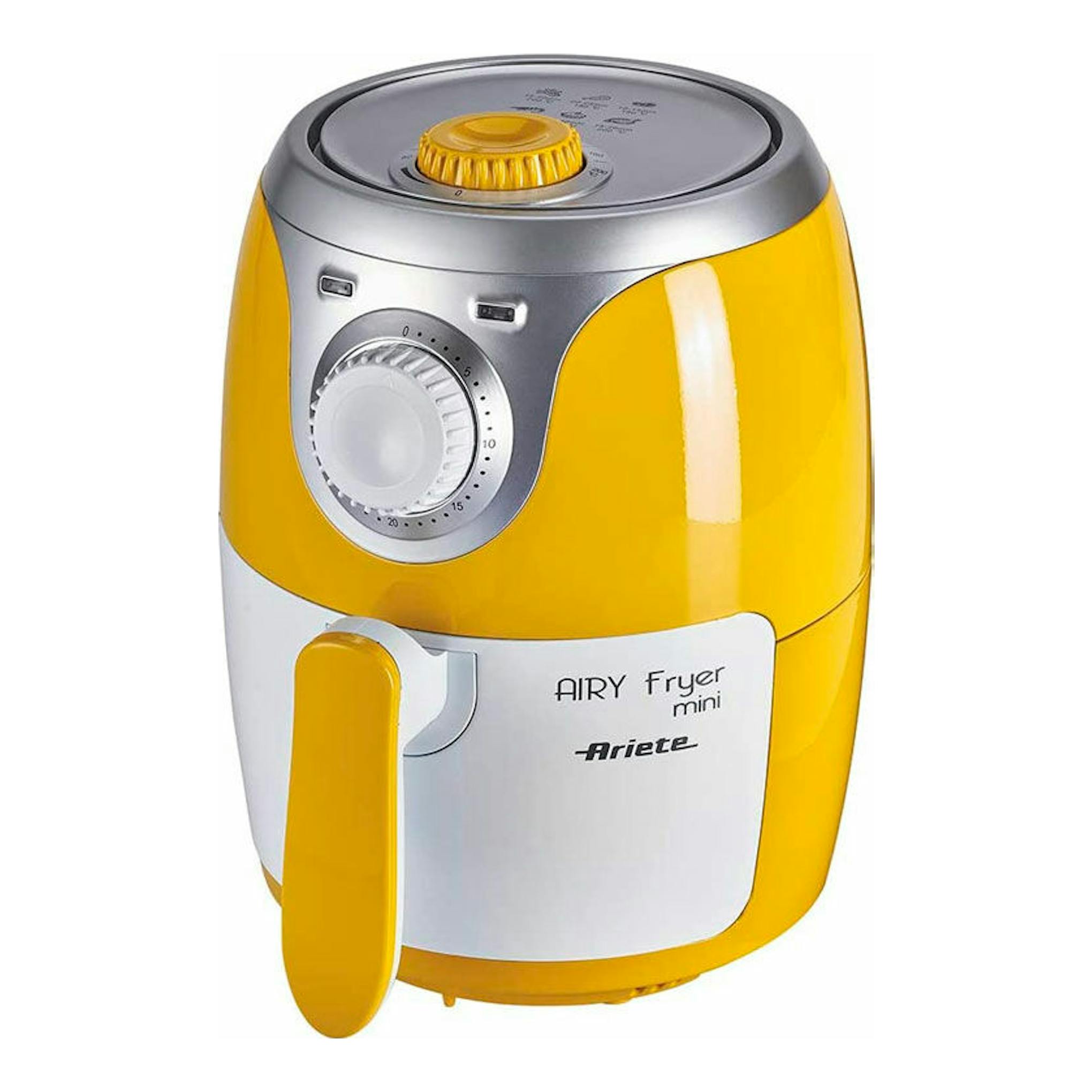 Freidora de aire mini Ariete Airy Fryer 4615, vista frontal, amarilla y plateada.