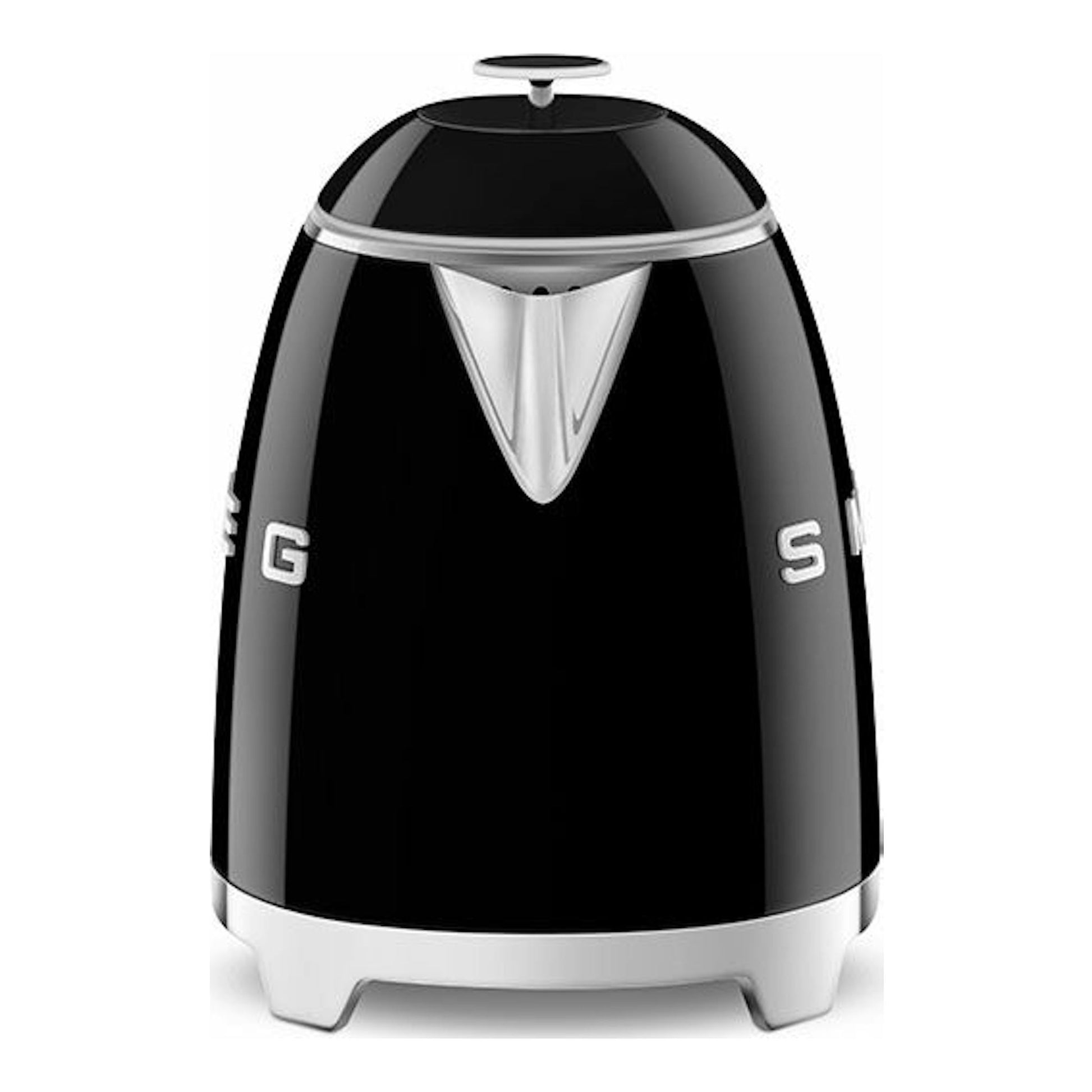 Mini hervidor Smeg KLF05BLEU negro, vista frontal, con detalles cromados y base plateada.