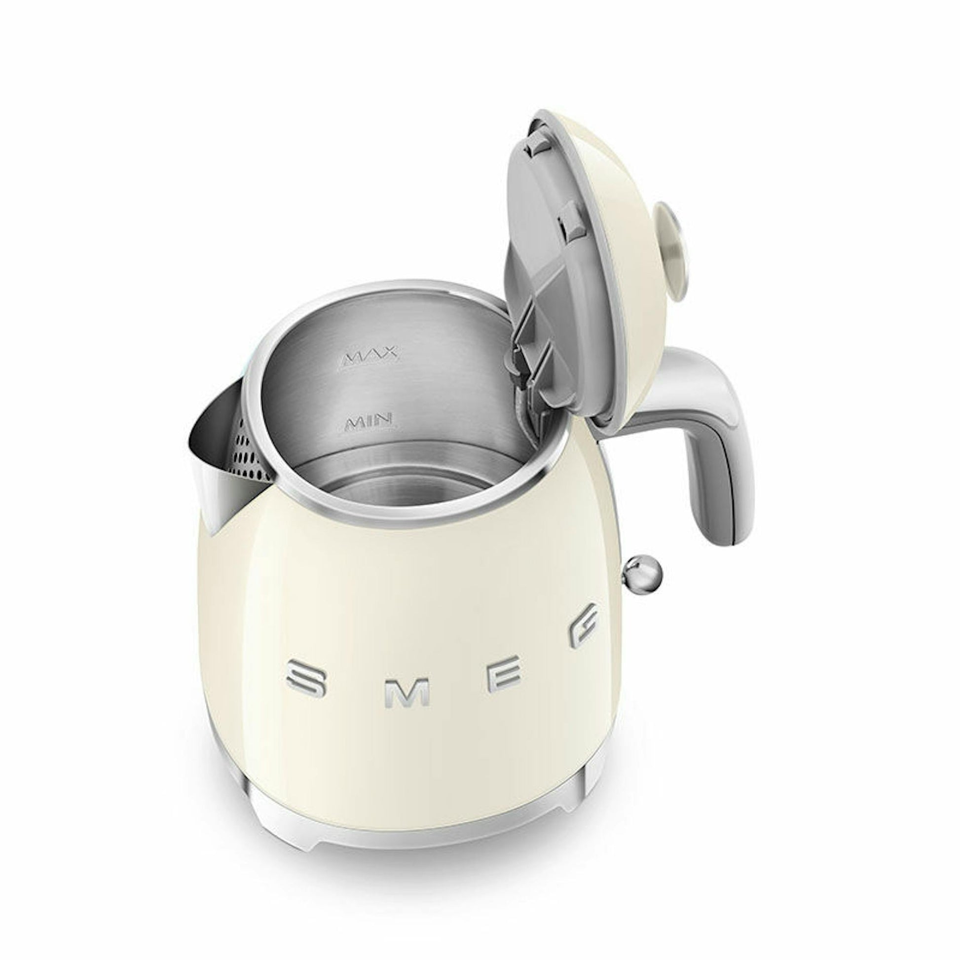 Mini hervidor Smeg KLF05CREU beige con tapa abierta
