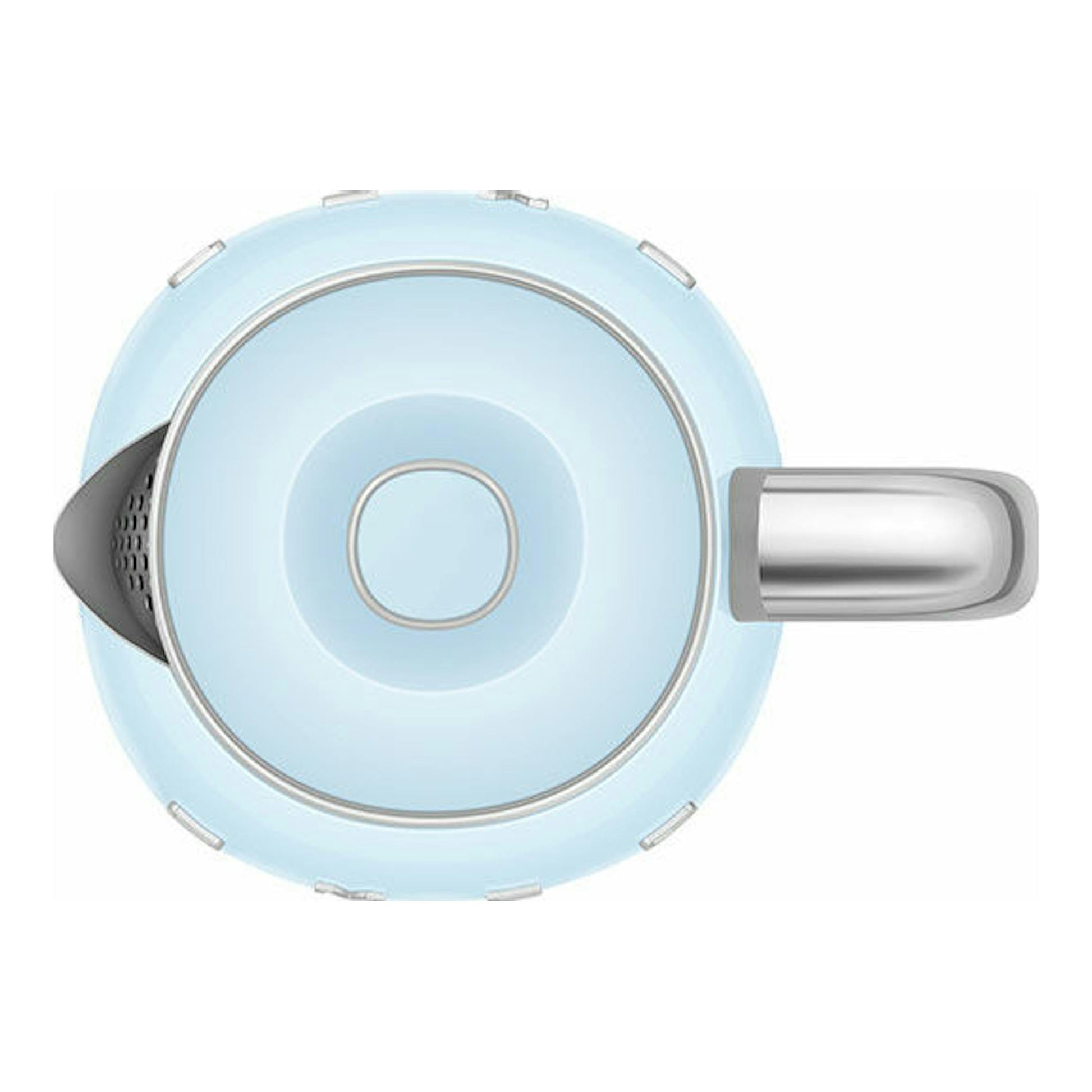 Mini hervidor Smeg KLF05PBEU azul claro, vista superior, con asa y boquilla plateadas.
