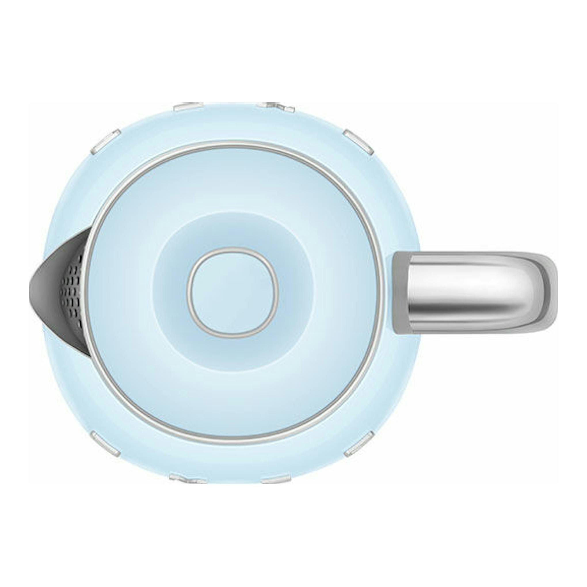 Mini hervidor Smeg KLF05PBEU azul claro, vista superior, con asa y boquilla plateadas.