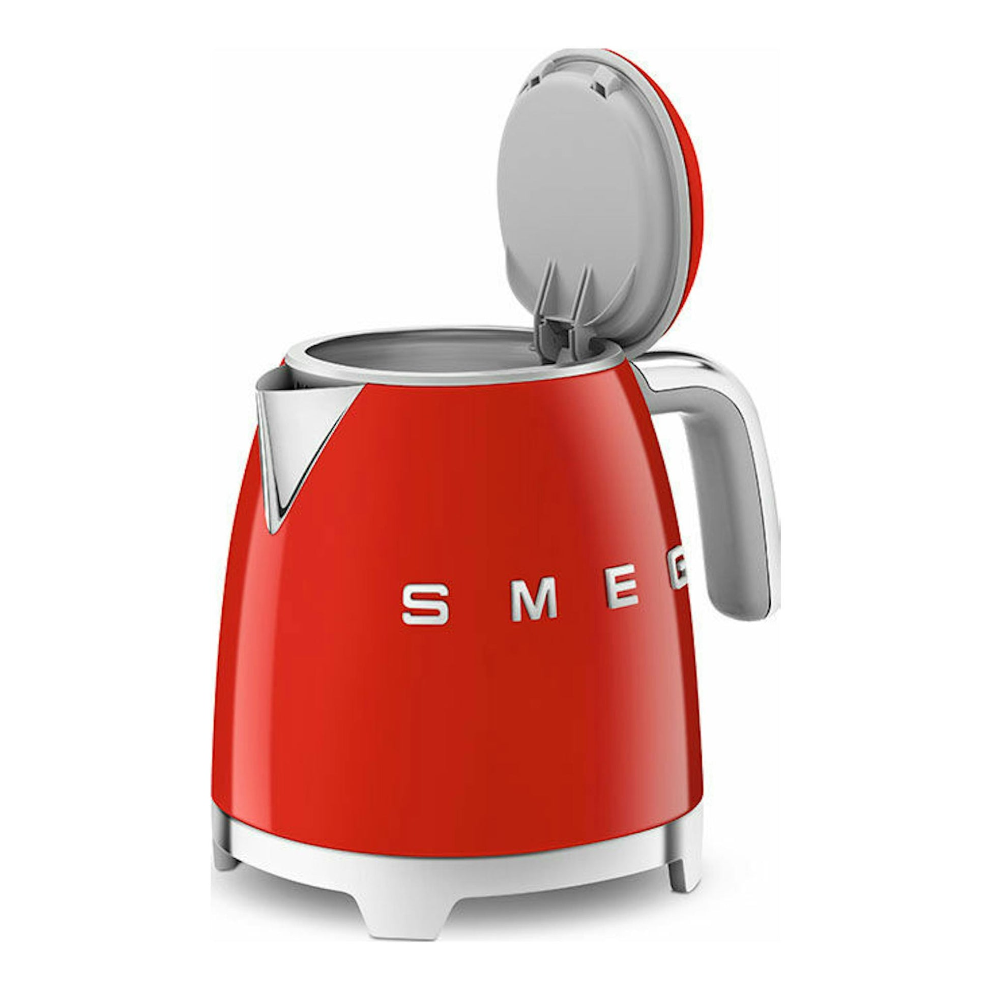 Mini hervidor Smeg KLF05RDEU rojo, vista frontal, con tapa abierta y asa gris.