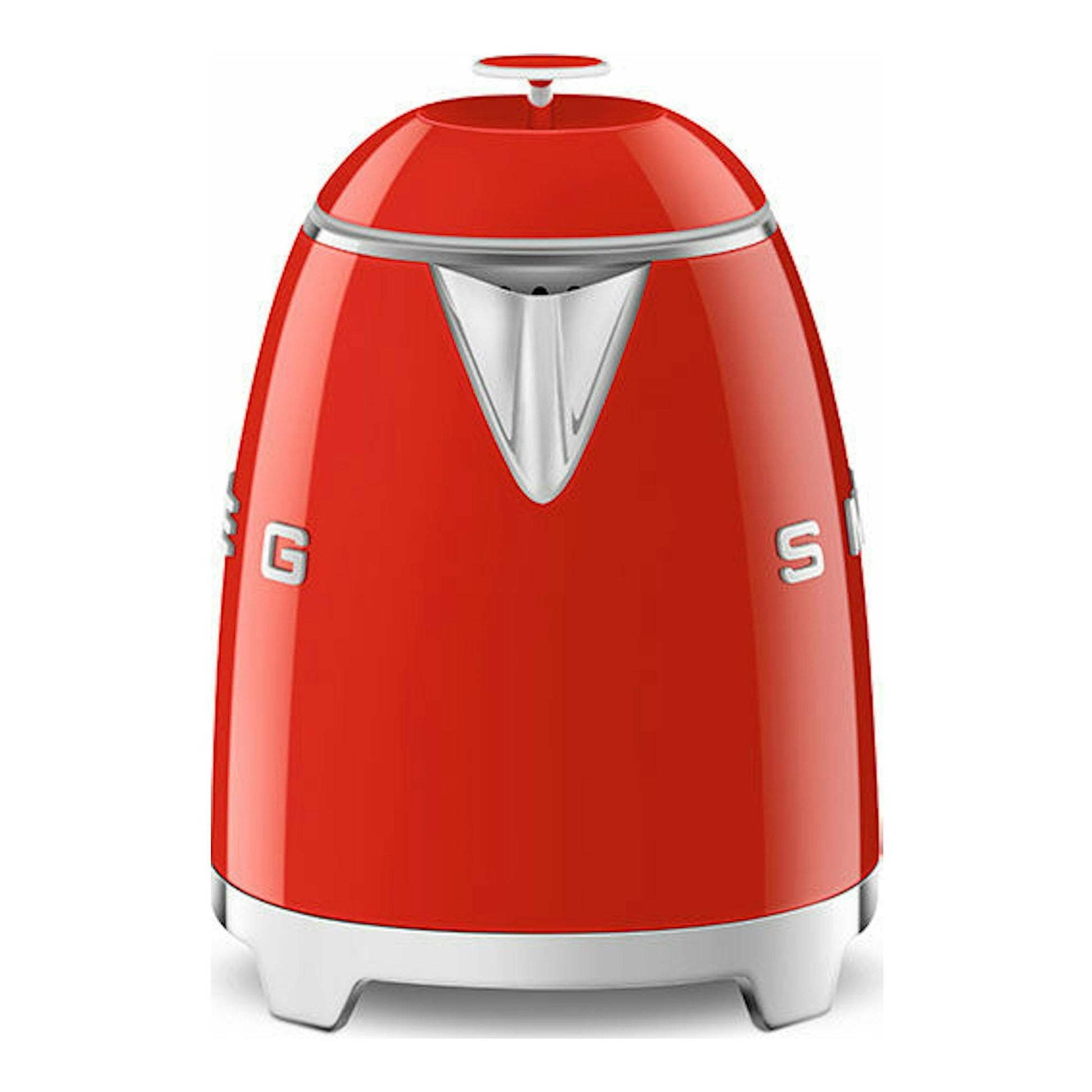 Mini hervidor Smeg KLF05RDEU rojo, vista frontal, con detalles plateados.