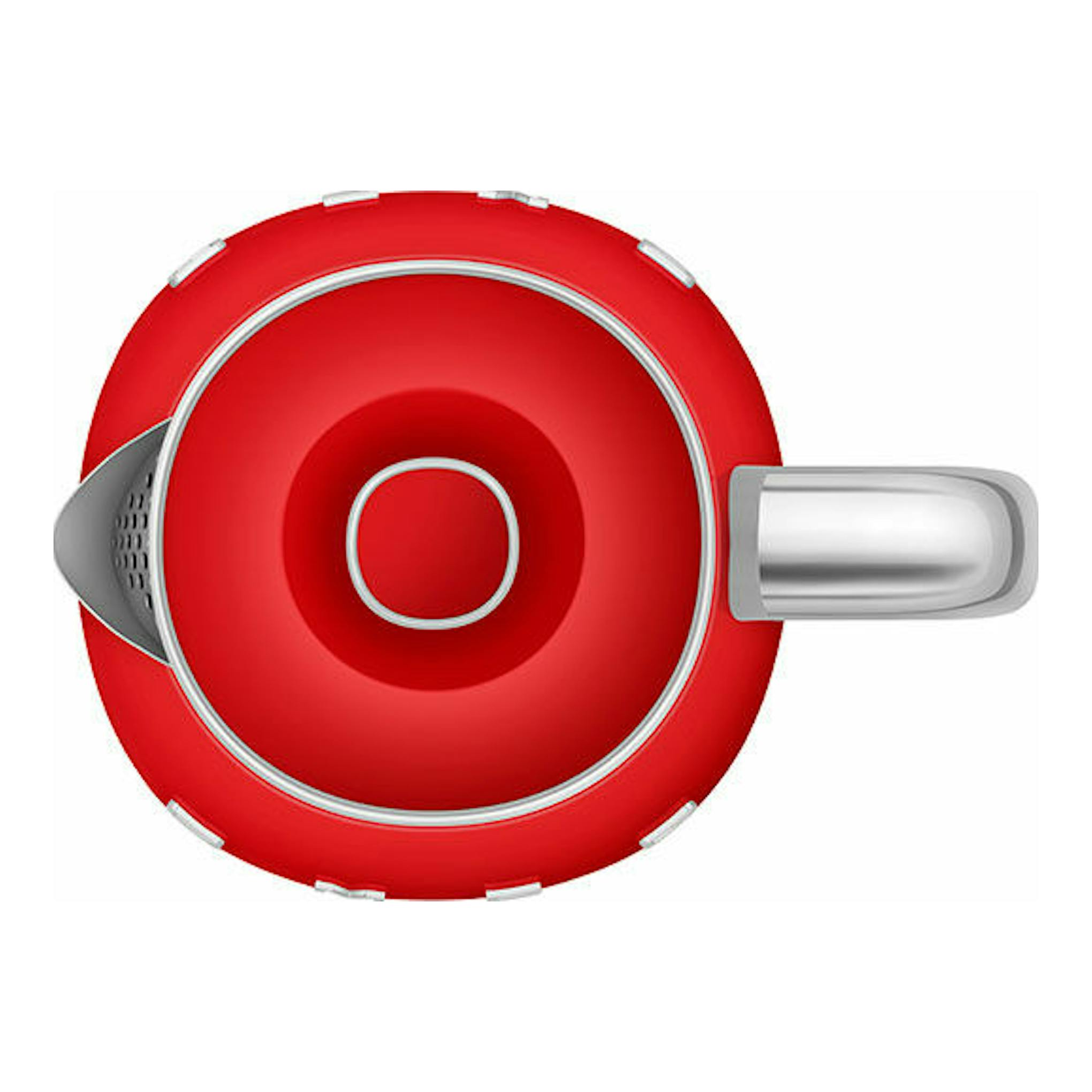 Mini hervidor Smeg KLF05RDEU rojo, vista superior, con asa plateada y boquilla lateral.