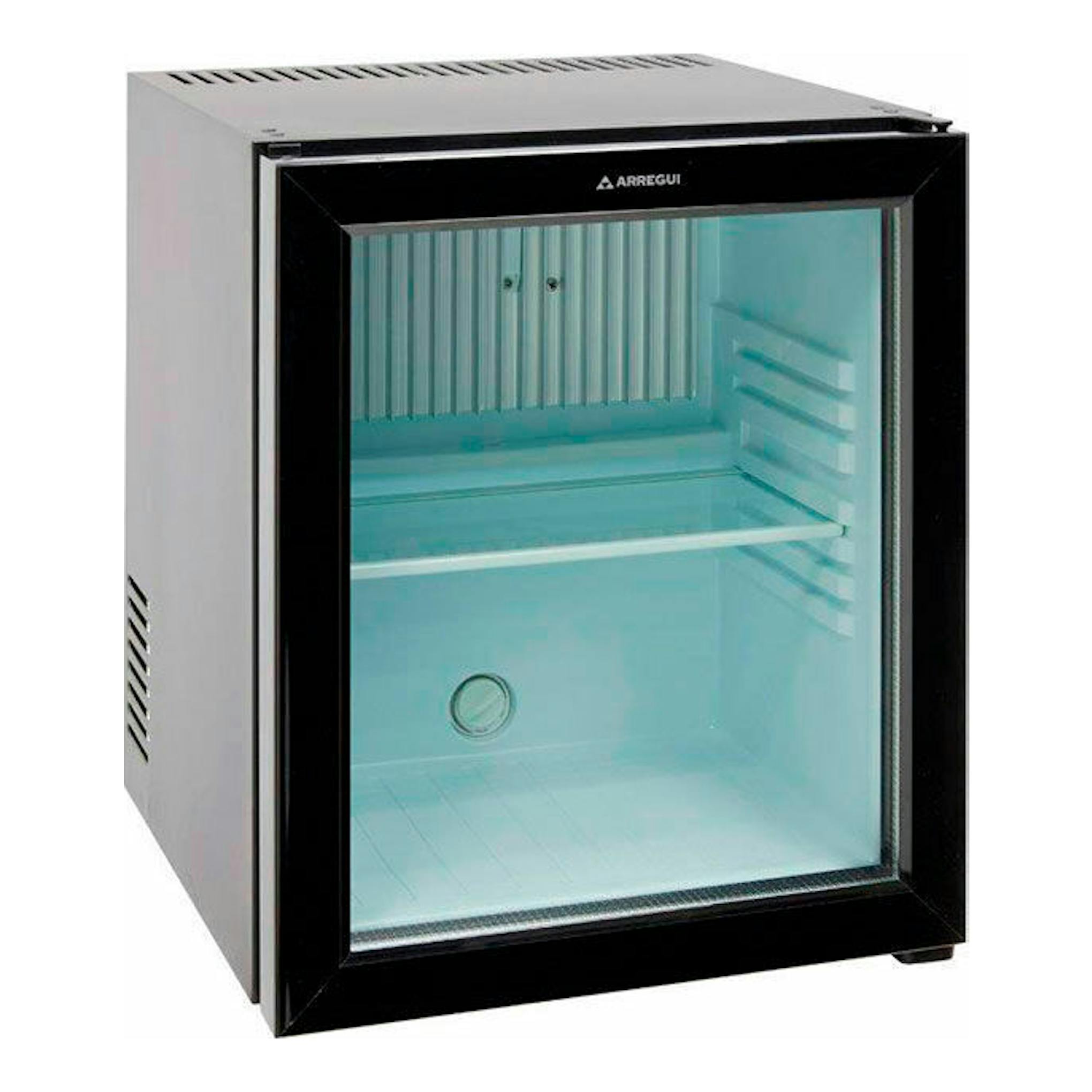 Minibar de absorción Arregui MBA301N2112 negro, vista frontal en tres cuartos, puerta de vidrio.