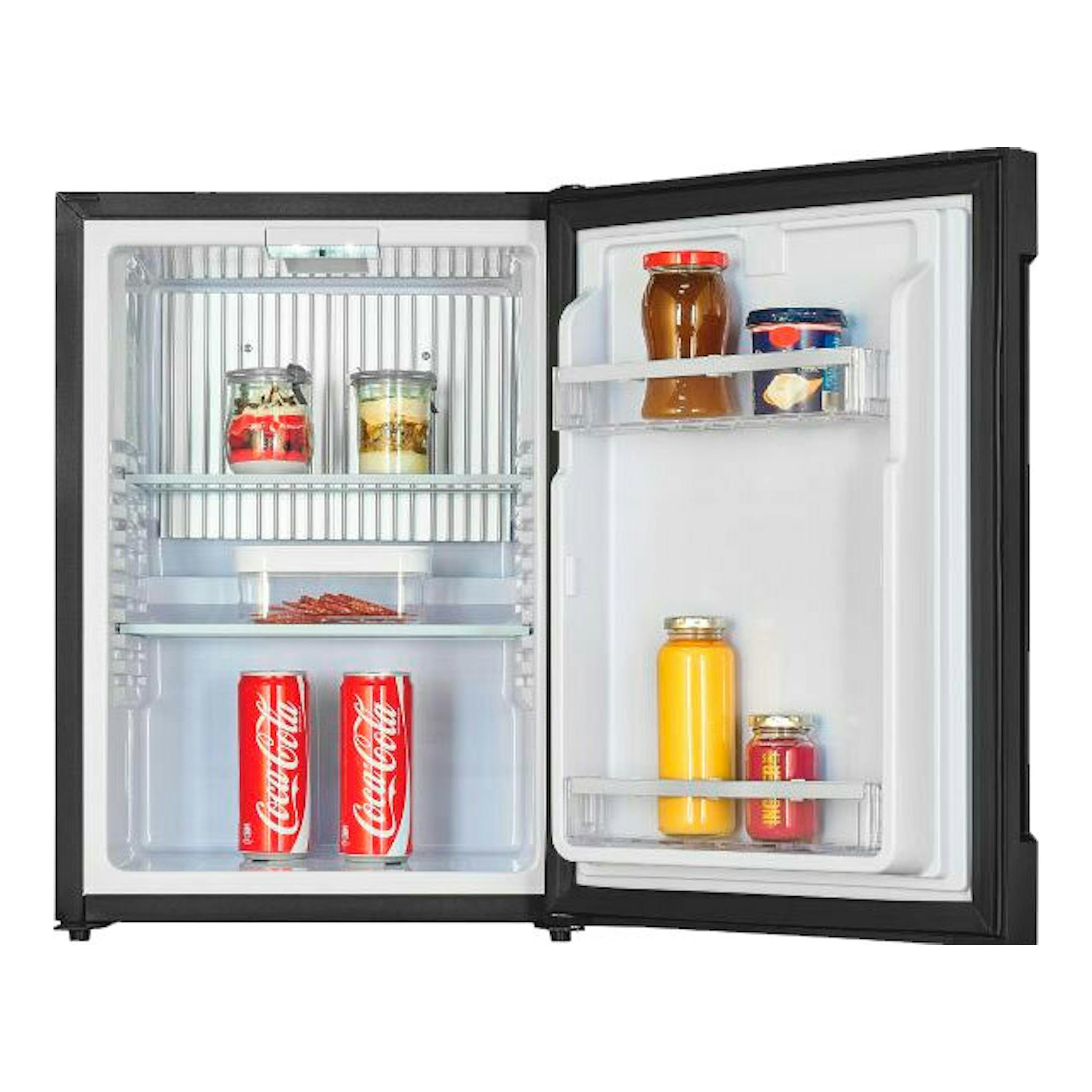 Minibar Exquisit FA40-271G negro, vista frontal con puerta abierta y estantes con bebidas.