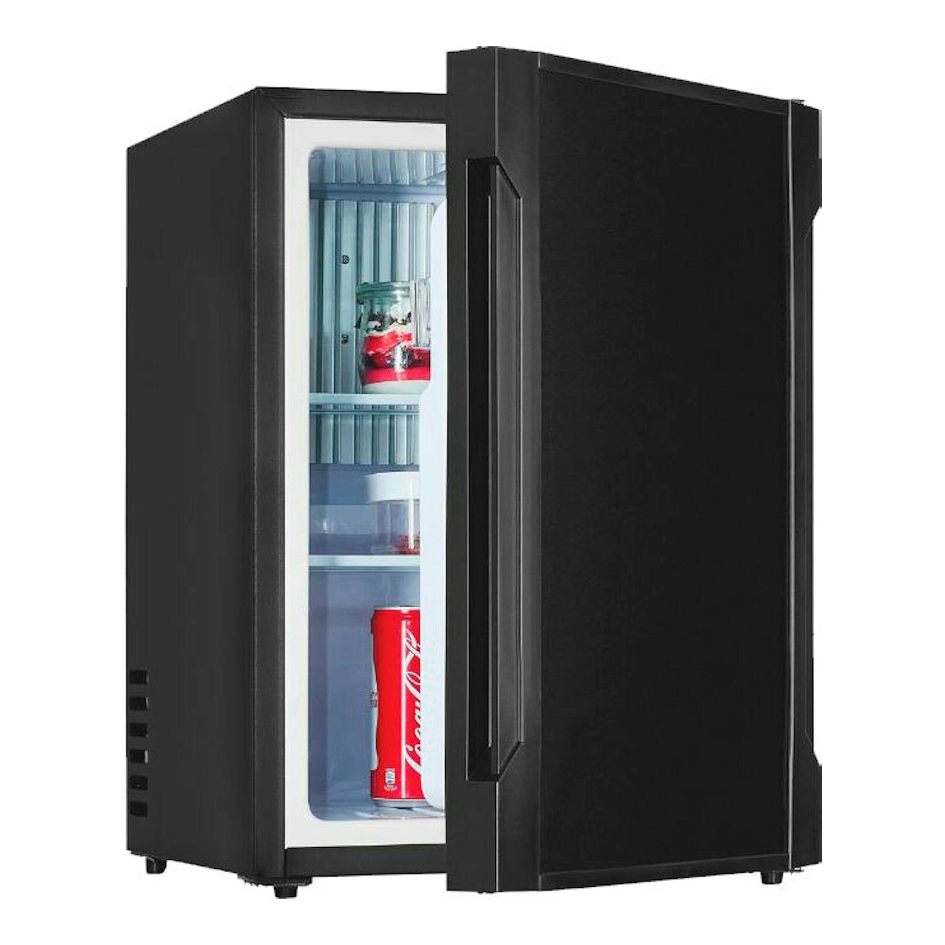 Minibar Exquisit FA40-271G negro, vista frontal con la puerta abierta e interior visible.